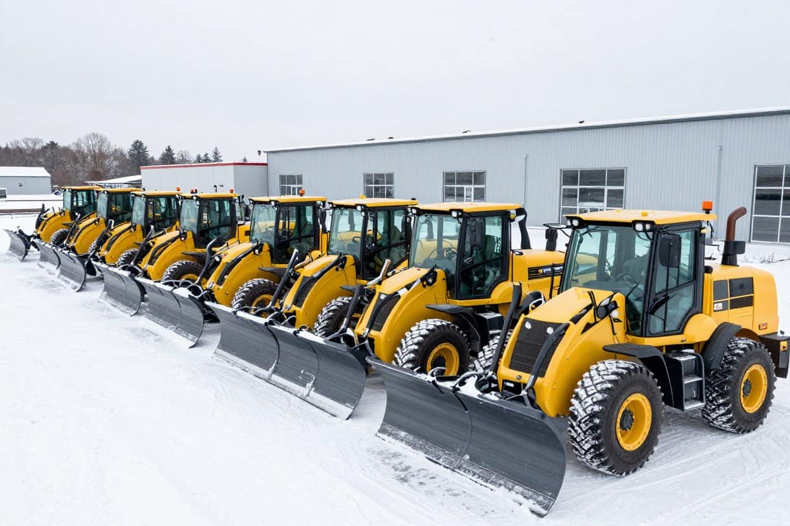 Fleet of commercial snow removal trucks and equipment staged and ready at company yard Fleet of commercial snow removal trucks and equipment staged and ready at company yard