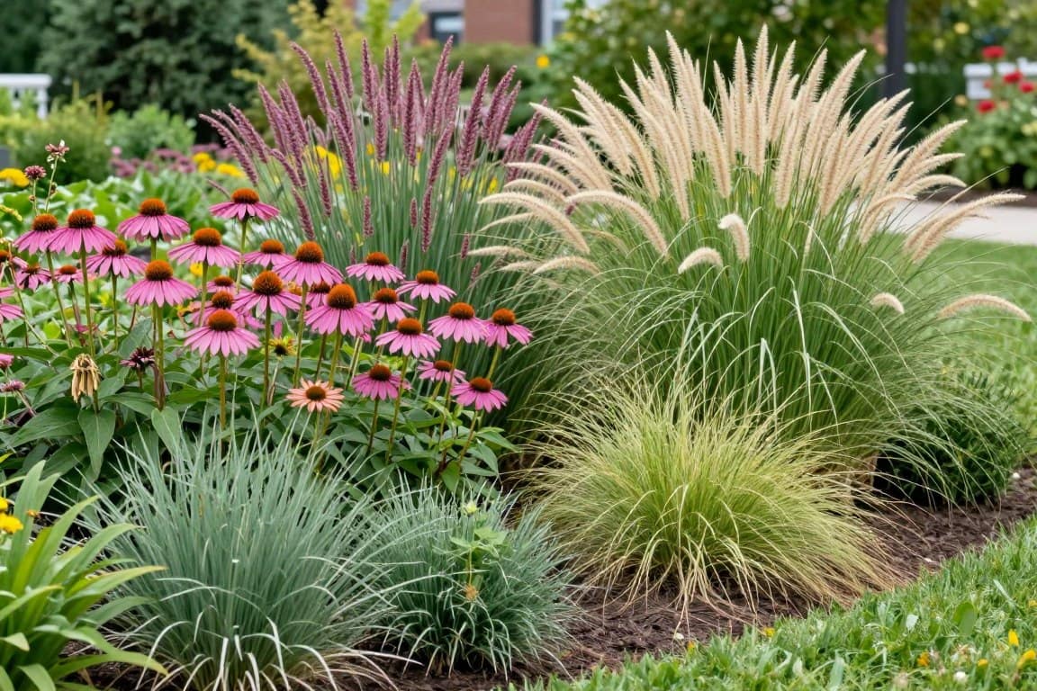 Native prairie plants and ornamental grasses used in commercial landscape design for Dyer properties Native prairie plants and ornamental grasses used in commercial landscape design for Dyer properties