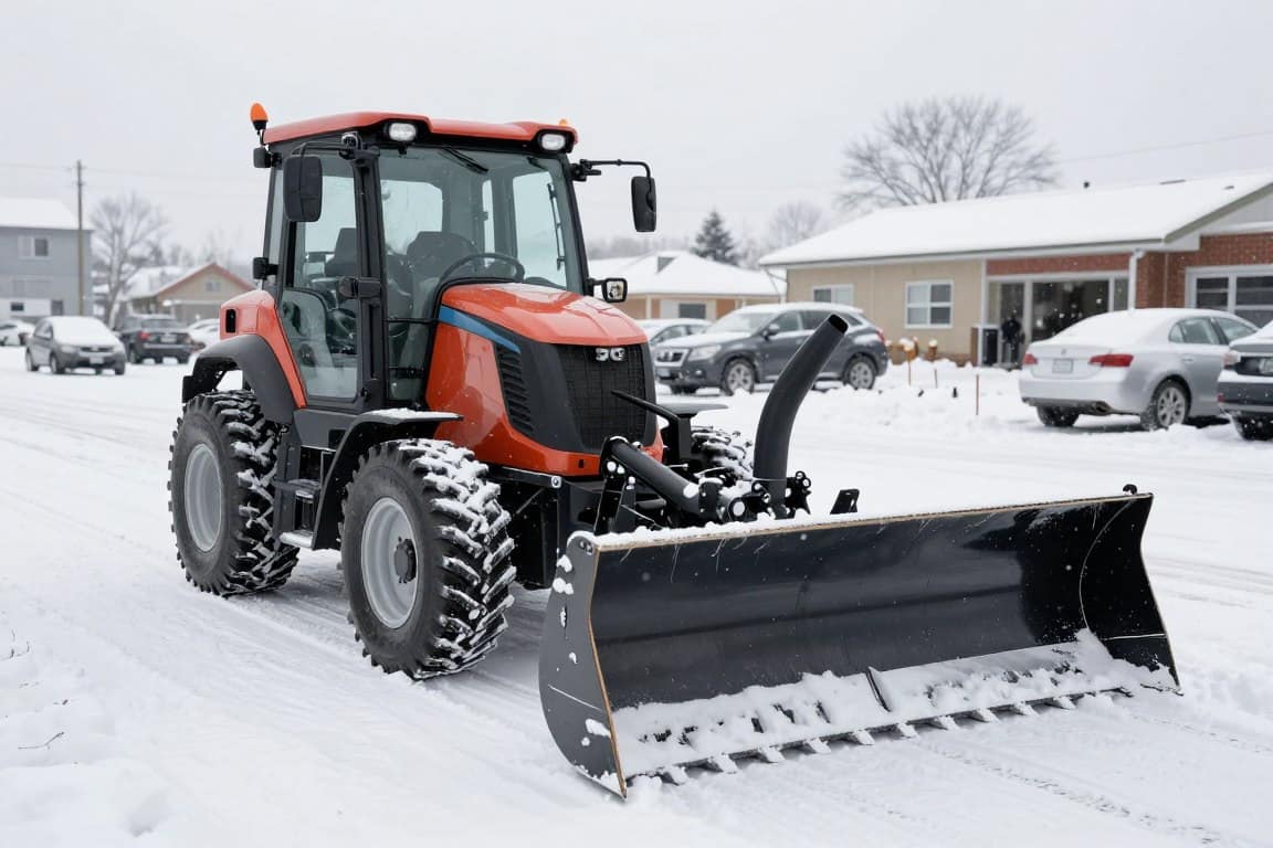 Professional commercial snow plow truck with containment pusher attachment clearing wide parking lanes Professional commercial snow plow truck with containment pusher attachment clearing wide parking lanes