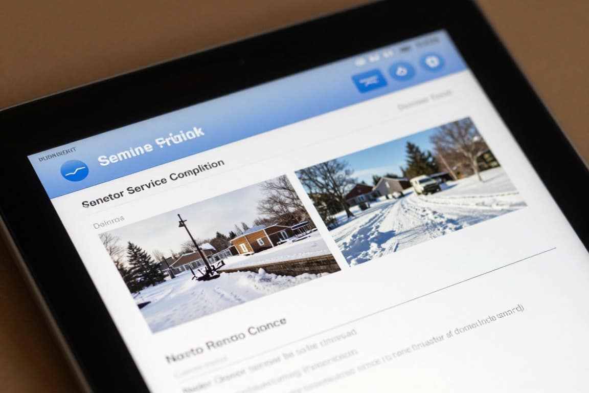Professional documentation of snow removal service completion with timestamp verification Professional documentation of snow removal service completion with timestamp verification