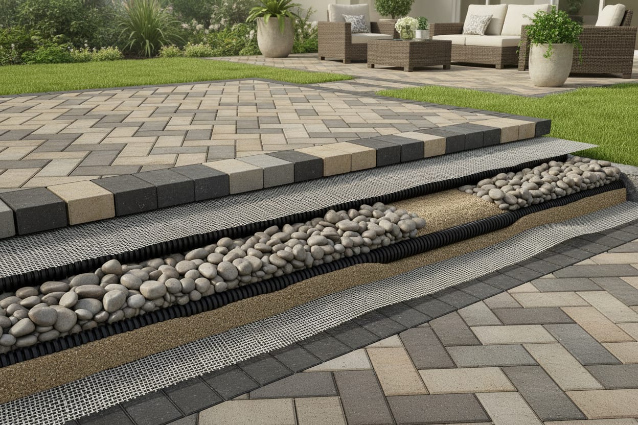 A detailed illustration of a multi-layer paver drainage system, showcasing its intricate components. In the foreground, depict layers of pavers, separated by a geotextile fabric. The middle ground reveals a cross-section of the drainage layers, including a gravel bed, coarse sand, and drain pipes, all meticulously arranged to enhance water flow. The background should feature a landscaped patio area, emphasizing the system’s integration into a beautiful outdoor space. Use soft, natural lighting that highlights the textures of the materials, with a slight overhead angle to provide clarity. The atmosphere should feel professional and informative, making the viewer appreciate the engineering behind effective drainage solutions. No text or overlays present in the image. A detailed illustration of a multi-layer paver drainage system, showcasing its intricate components. In the foreground, depict layers of pavers, separated by a geotextile fabric. The middle ground reveals a cross-section of the drainage layers, including a gravel bed, coarse sand, and drain pipes, all meticulously arranged to enhance water flow. The background should feature a landscaped patio area, emphasizing the system’s integration into a beautiful outdoor space. Use soft, natural lighting that highlights the textures of the materials, with a slight overhead angle to provide clarity. The atmosphere should feel professional and informative, making the viewer appreciate the engineering behind effective drainage solutions. No text or overlays present in the image. How to install pavers.
