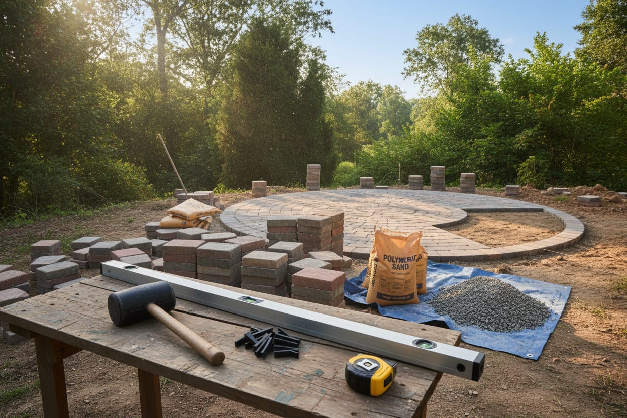 A well-organized DIY paver project workspace showcasing essential tools and materials for patio installation. In the foreground, display items like a rubber mallet, paver spacers, a leveling tool, and measuring tape on a sturdy wooden table. The middle features an assortment of colorful pavers stacked neatly, alongside bags of polymeric sand and gravel. In the background, a partially completed patio can be seen, surrounded by lush greenery and clear blue skies, creating a bright, inviting atmosphere. The scene is well-lit with soft sunlight filtering through nearby trees, giving a warm and approachable feel. The image angle is slightly above eye level, capturing the essence of a productive outdoor workspace. No text or watermarks present. A well-organized DIY paver project workspace showcasing essential tools and materials for patio installation. In the foreground, display items like a rubber mallet, paver spacers, a leveling tool, and measuring tape on a sturdy wooden table. The middle features an assortment of colorful pavers stacked neatly, alongside bags of polymeric sand and gravel. In the background, a partially completed patio can be seen, surrounded by lush greenery and clear blue skies, creating a bright, inviting atmosphere. The scene is well-lit with soft sunlight filtering through nearby trees, giving a warm and approachable feel. The image angle is slightly above eye level, capturing the essence of a productive outdoor workspace. No text or watermarks present.
