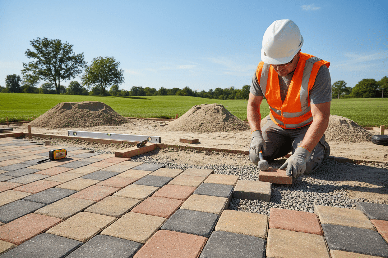 A well-organized outdoor scene showcasing a proper paver installation foundation. In the foreground, neatly arranged, vibrant pavers are being placed on a solid, compacted gravel base. A construction professional, dressed in a bright safety vest and hard hat, carefully levels the pavers with a rubber mallet. In the middle ground, piles of sand and gravel are prepared for a sturdy foundation, and tools like a level and measuring tape are visible. The background features a sunny day with a clear blue sky and green landscape, emphasizing an inviting and professional atmosphere. The lighting is natural and bright, casting soft shadows to enhance the textures of the materials. The composition is framed to highlight the precision and care involved in the installation process. A well-organized outdoor scene showcasing a proper paver installation foundation. In the foreground, neatly arranged, vibrant pavers are being placed on a solid, compacted gravel base. A construction professional, dressed in a bright safety vest and hard hat, carefully levels the pavers with a rubber mallet. In the middle ground, piles of sand and gravel are prepared for a sturdy foundation, and tools like a level and measuring tape are visible. The background features a sunny day with a clear blue sky and green landscape, emphasizing an inviting and professional atmosphere. The lighting is natural and bright, casting soft shadows to enhance the textures of the materials. The composition is framed to highlight the precision and care involved in the installation process.
