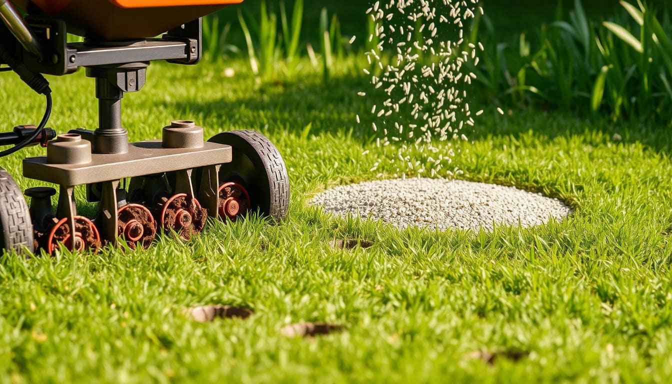 A tractor is actively plowing a field with a turf power seeding machine, preparing the soil for planting.