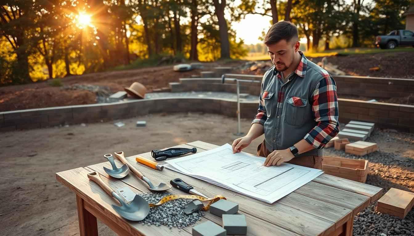 A scenic stone pathway in a park, surrounded by trees and shrubs, includes hardscape features such as a patio and walkway.
