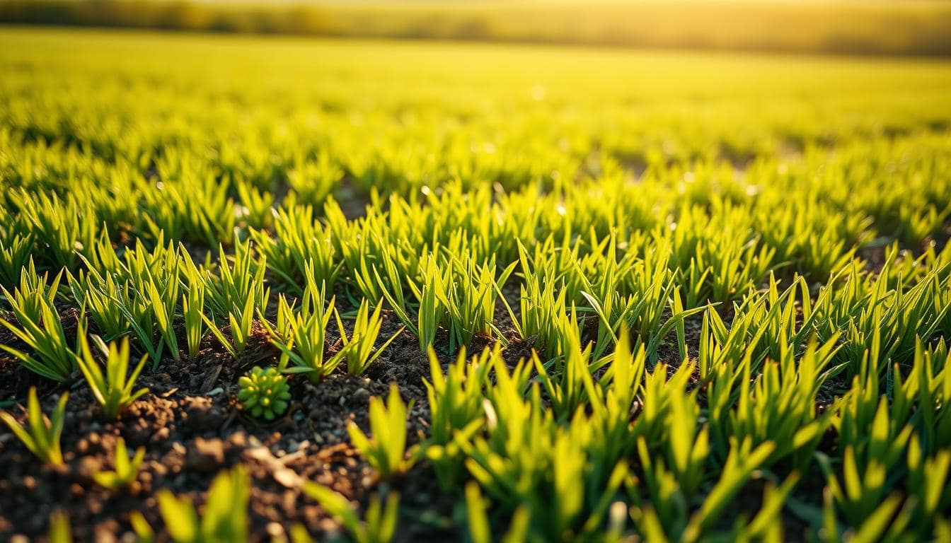 A field of green grass at sunset, highlighting the beauty of nature and the benefits of power seeding over aeration.