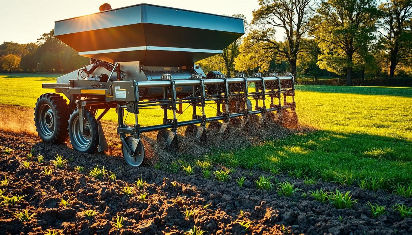 A tractor is actively plowing a field with a turf power seeding machine, preparing the soil for planting.
