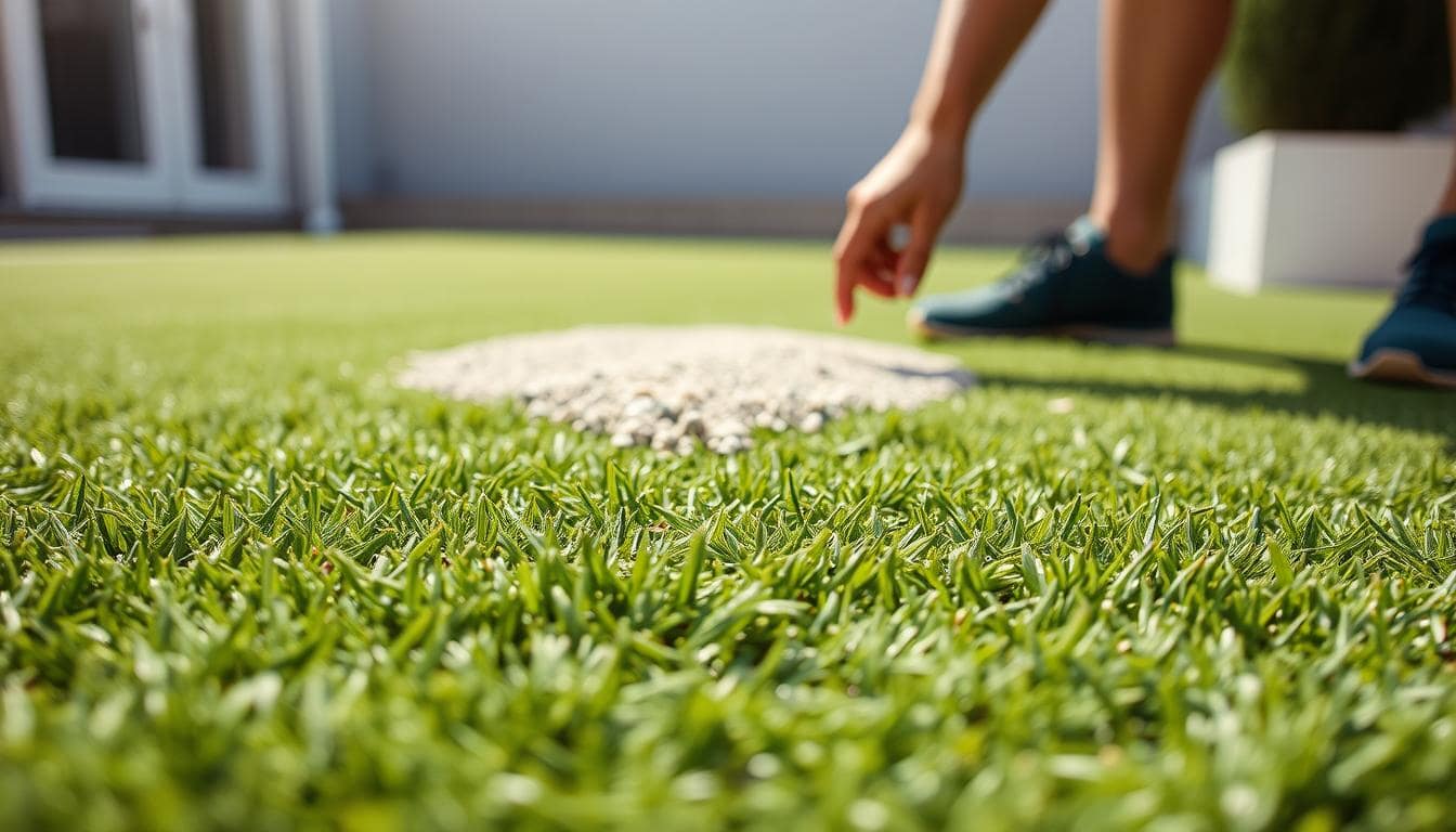 A person walks across a grassy field, showcasing the application of artificial turf infill.