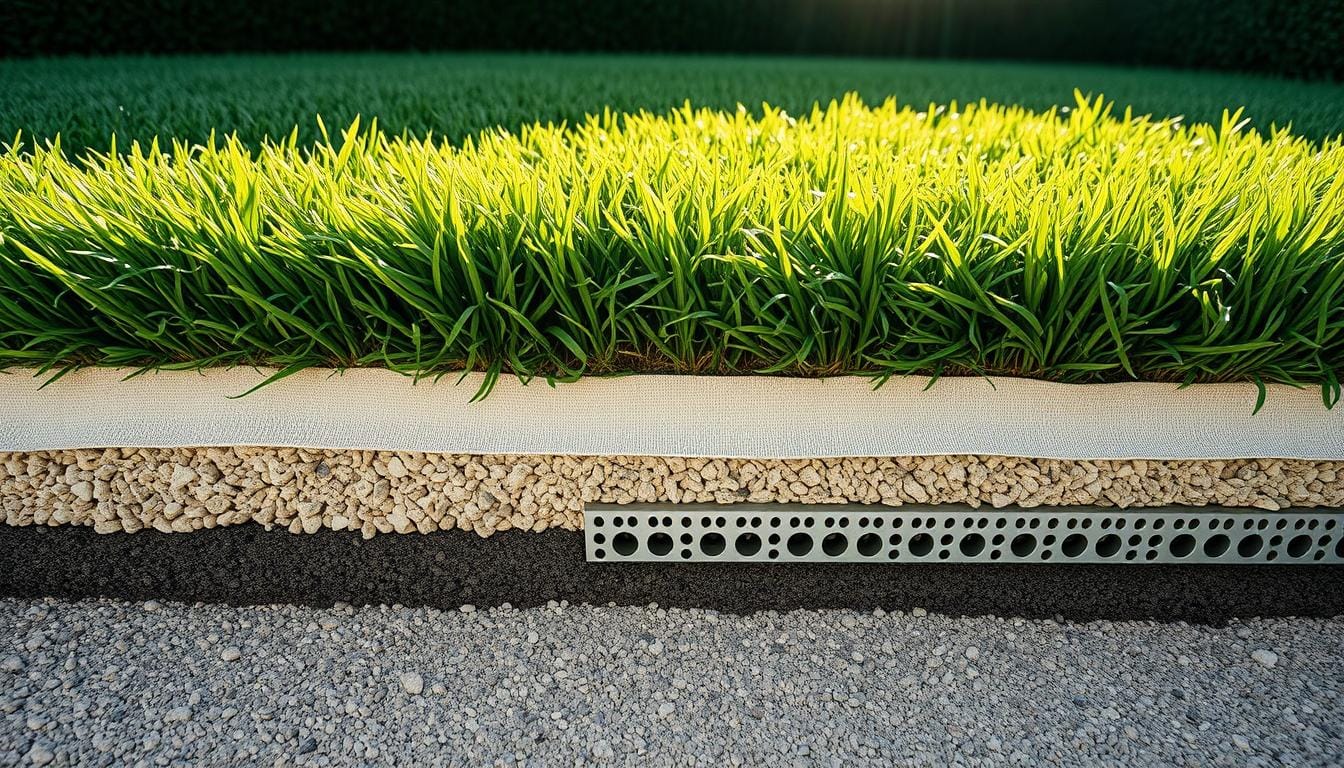 Grassy area featuring a concrete base with a drain, designed for artificial turf installation and effective drainage.