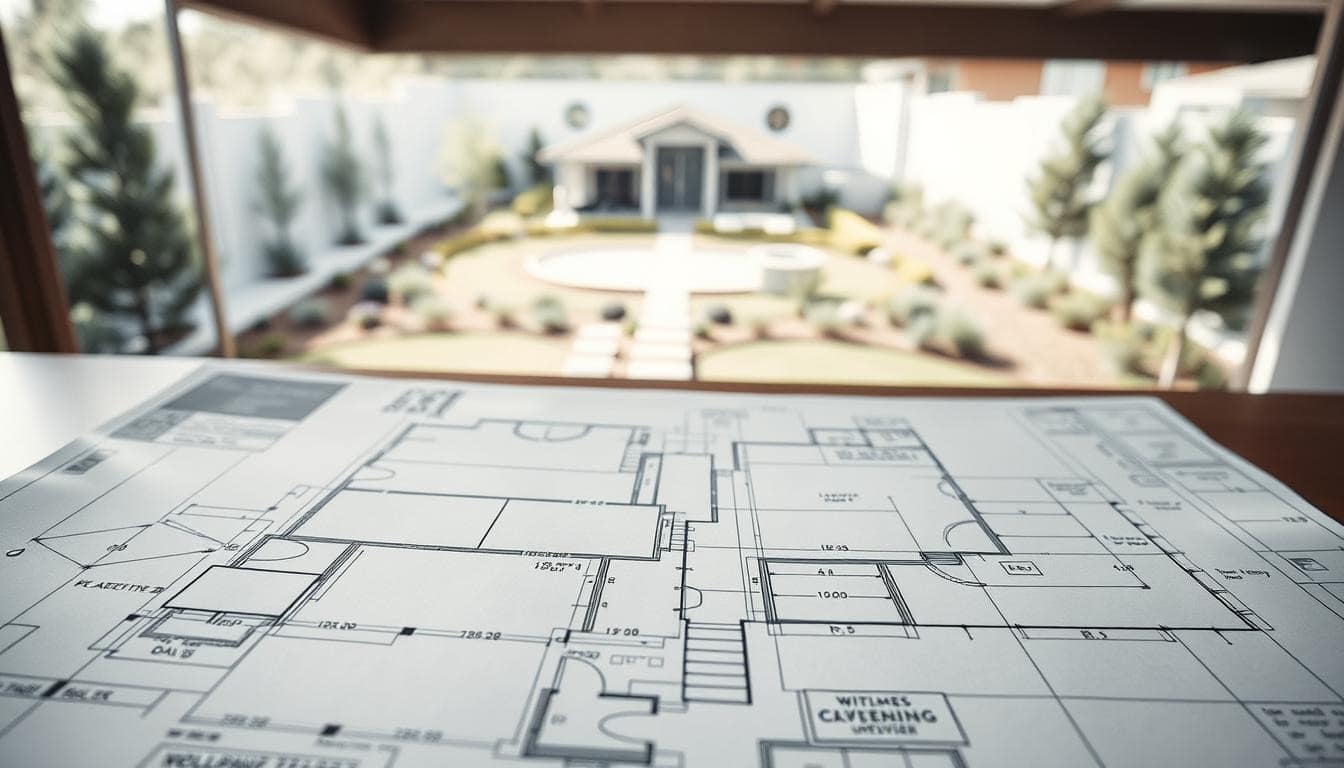 Blueprint of a house on a table, detailing property sketch and measurements for landscape design.