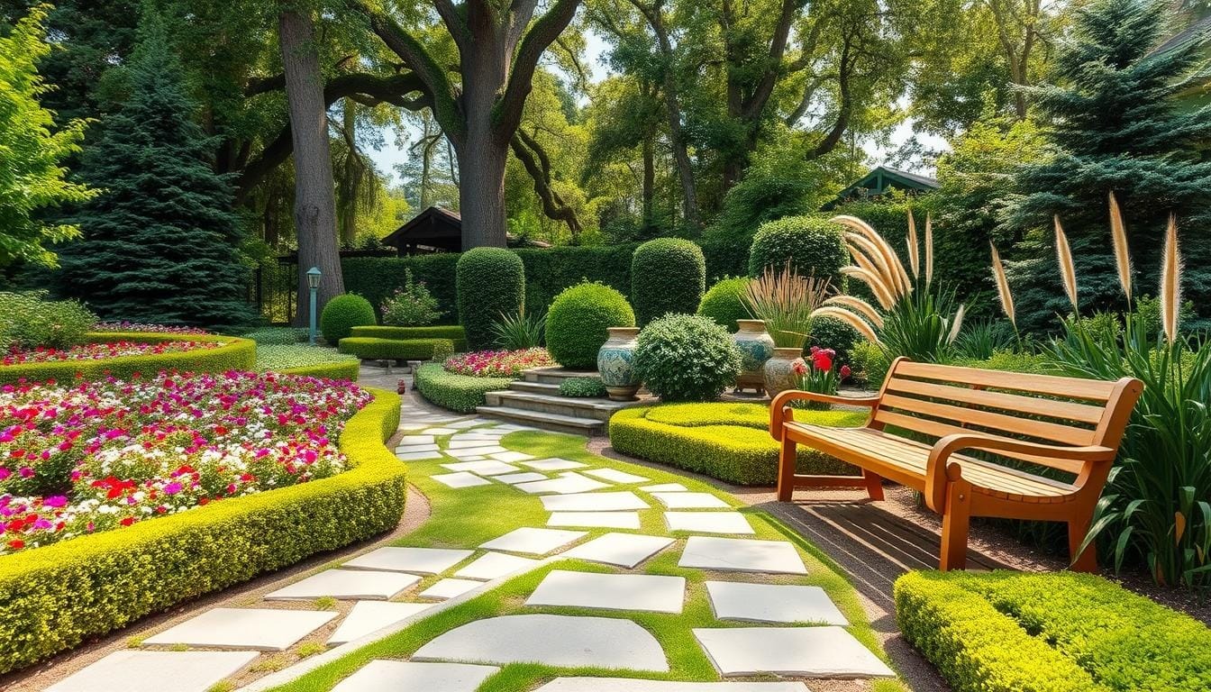 A serene garden featuring a wooden bench surrounded by vibrant flowers, showcasing hardscape and softscape design elements.