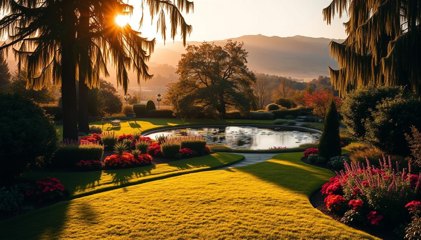 A serene garden featuring a tranquil pond surrounded by lush trees, illustrating key landscape design principles.