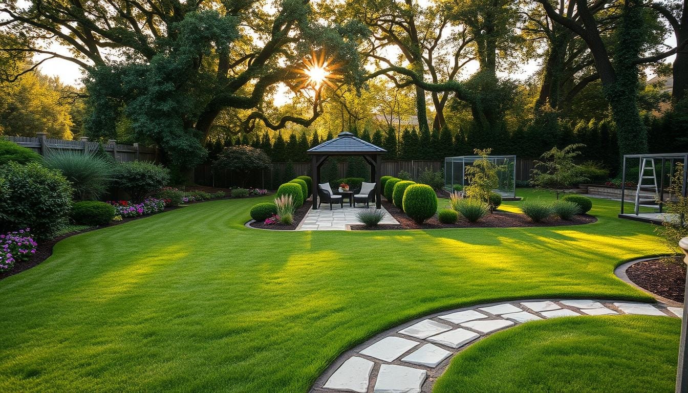 A charming backyard scene with a gazebo and lush lawn, showcasing potential zones for landscape design.