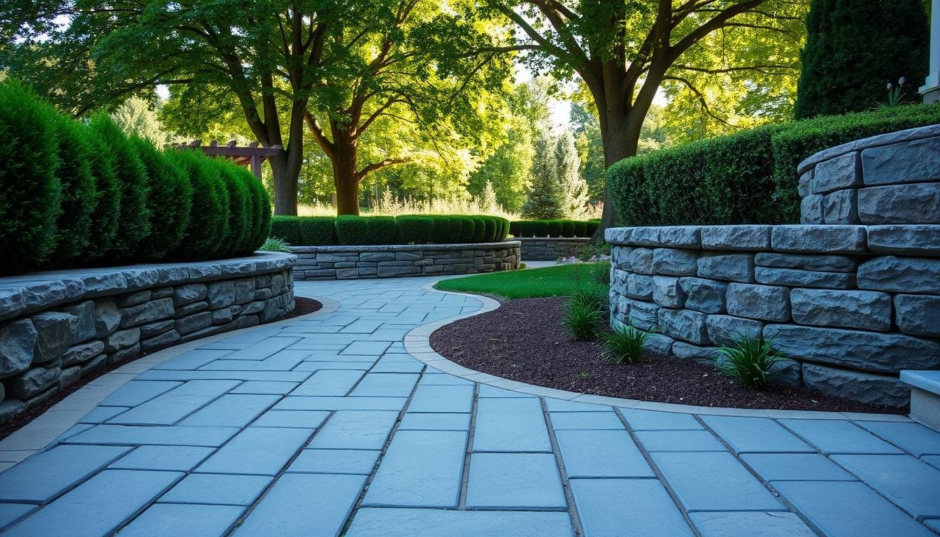 A scenic stone pathway in a park, surrounded by trees and shrubs, includes hardscape features such as a patio and walkway.