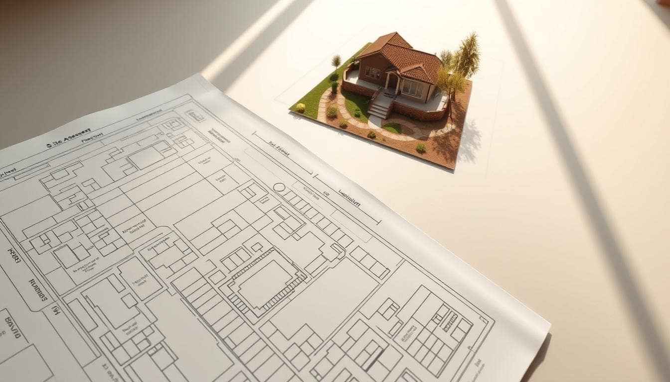 A model house placed on a blueprint, illustrating site assessment designs for construction planning.