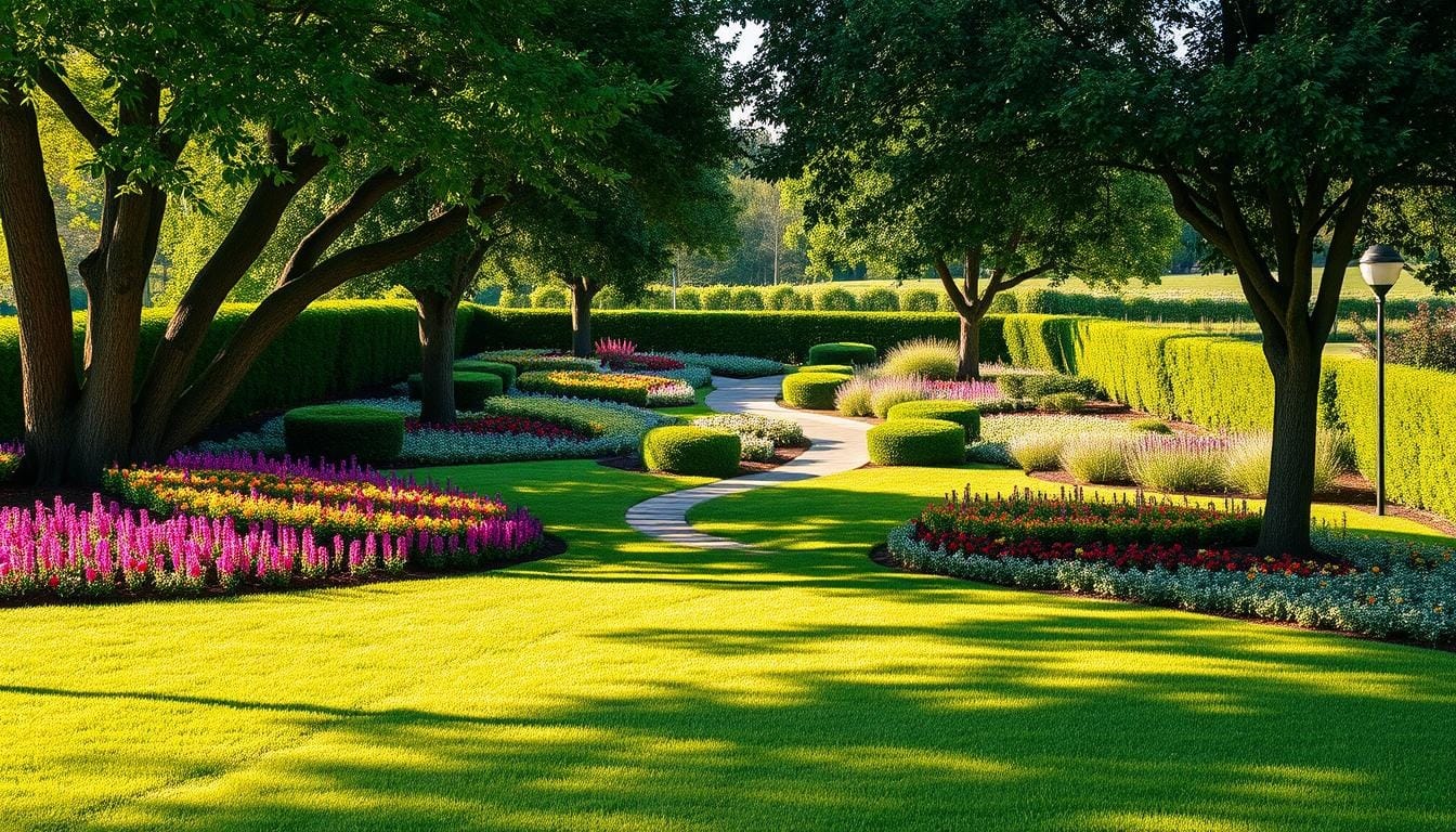 A vibrant garden featuring lush green grass and colorful flowers, showcasing a well-designed landscape installation.