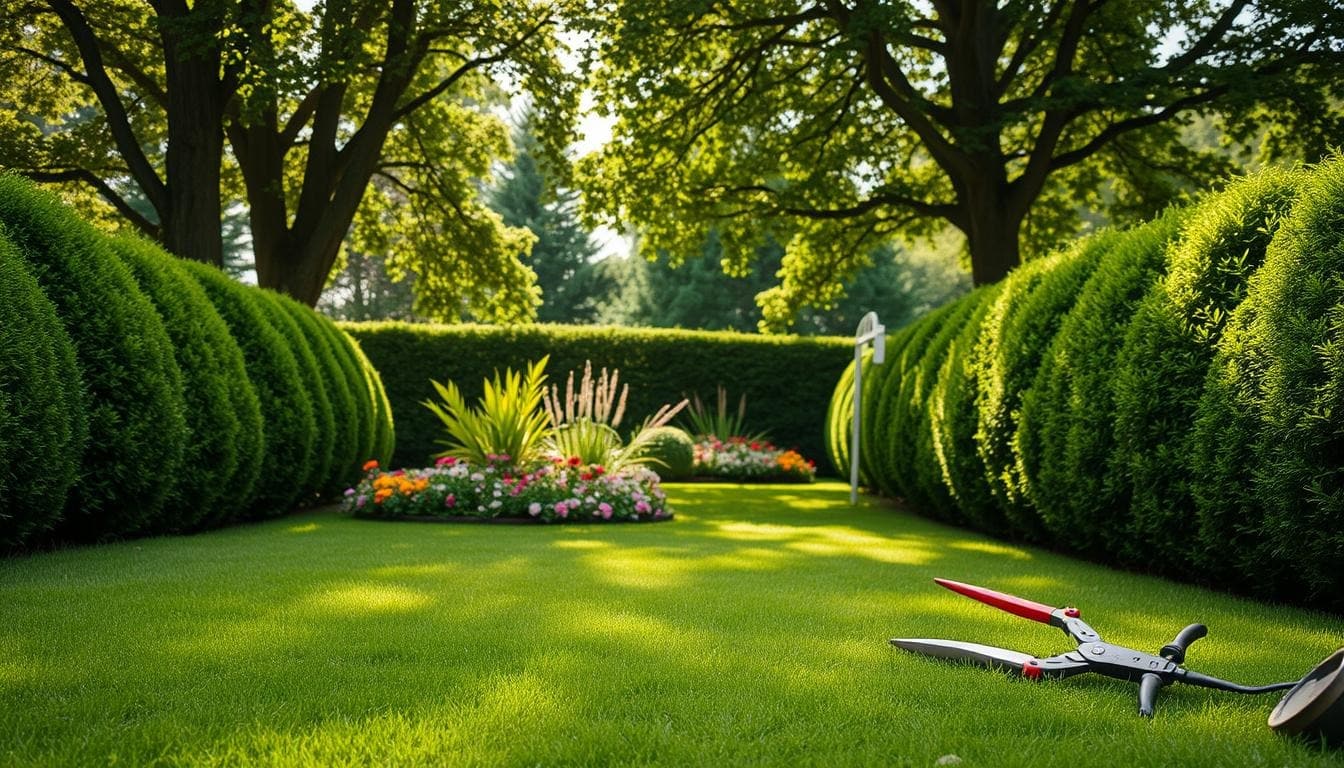 A vibrant garden scene showcasing a green lawn surrounded by healthy shrubs, emphasizing lawn and garden maintenance.
