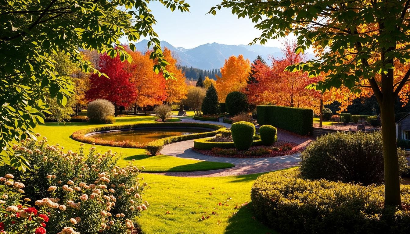 A picturesque autumn garden with blooming flowers and trees, highlighting the beauty of seasonal landscape care.