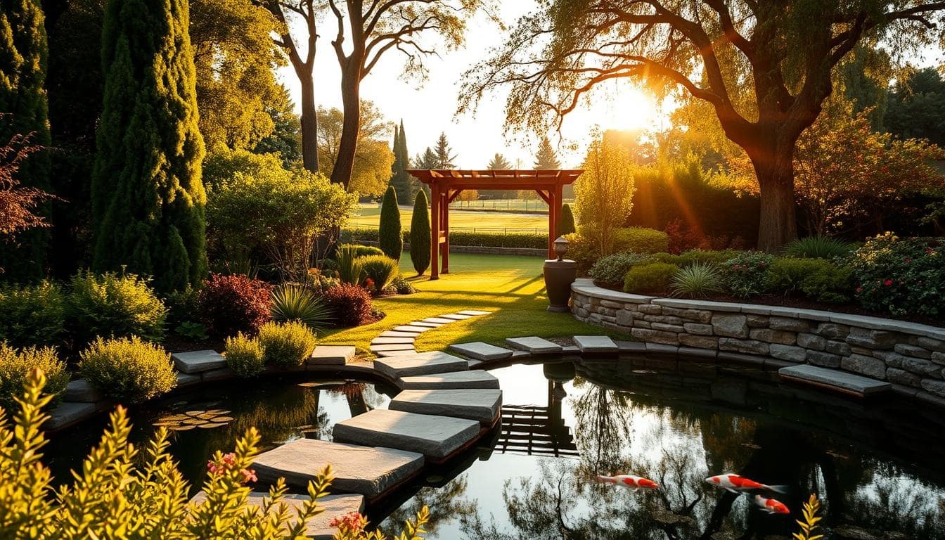 A beautifully landscaped garden with a reflective pond and charming stone steps, enhancing the outdoor space's appeal.