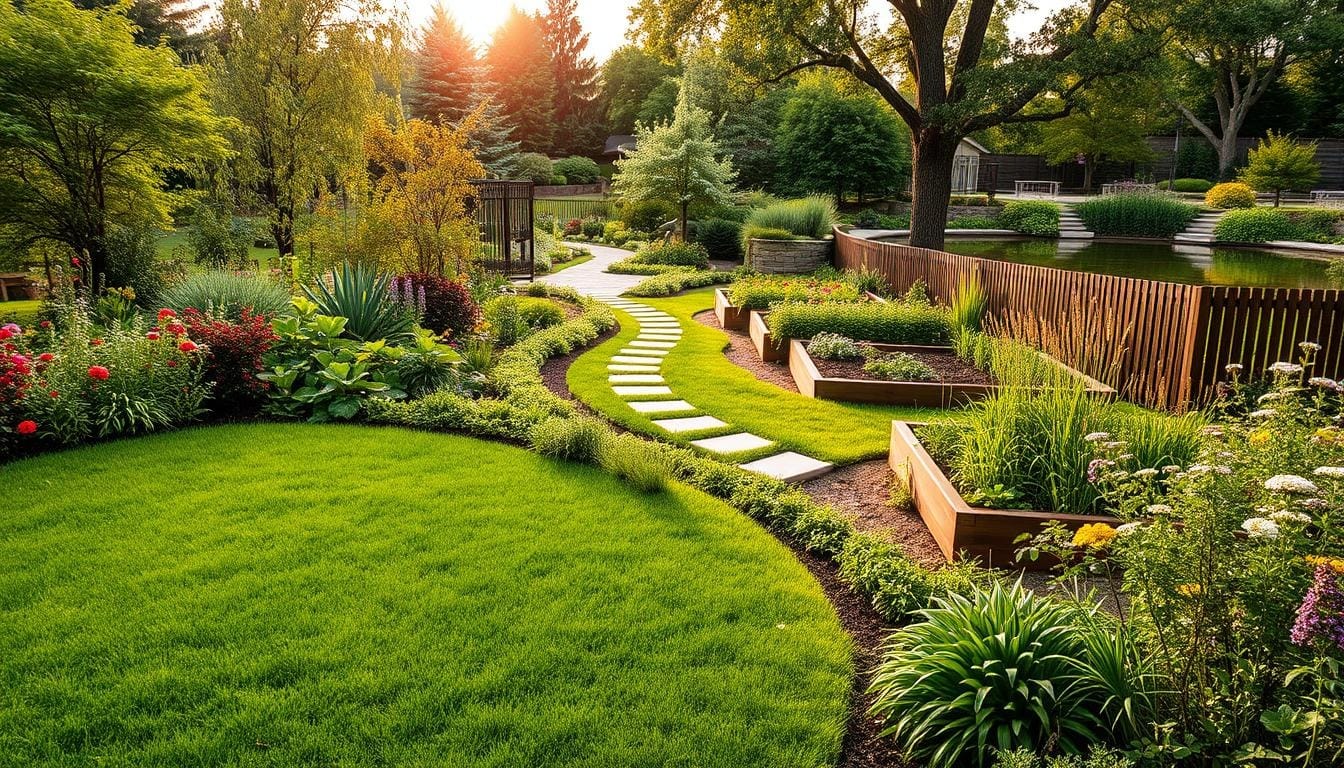 A sustainable landscape design featuring a pathway that leads through a well-maintained lawn in a serene garden setting.