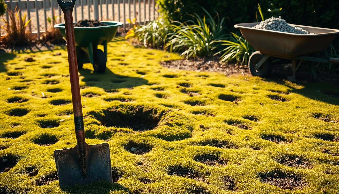 A garden scene featuring a shovel and a wheelbarrow, highlighting challenges in lawn preparation.