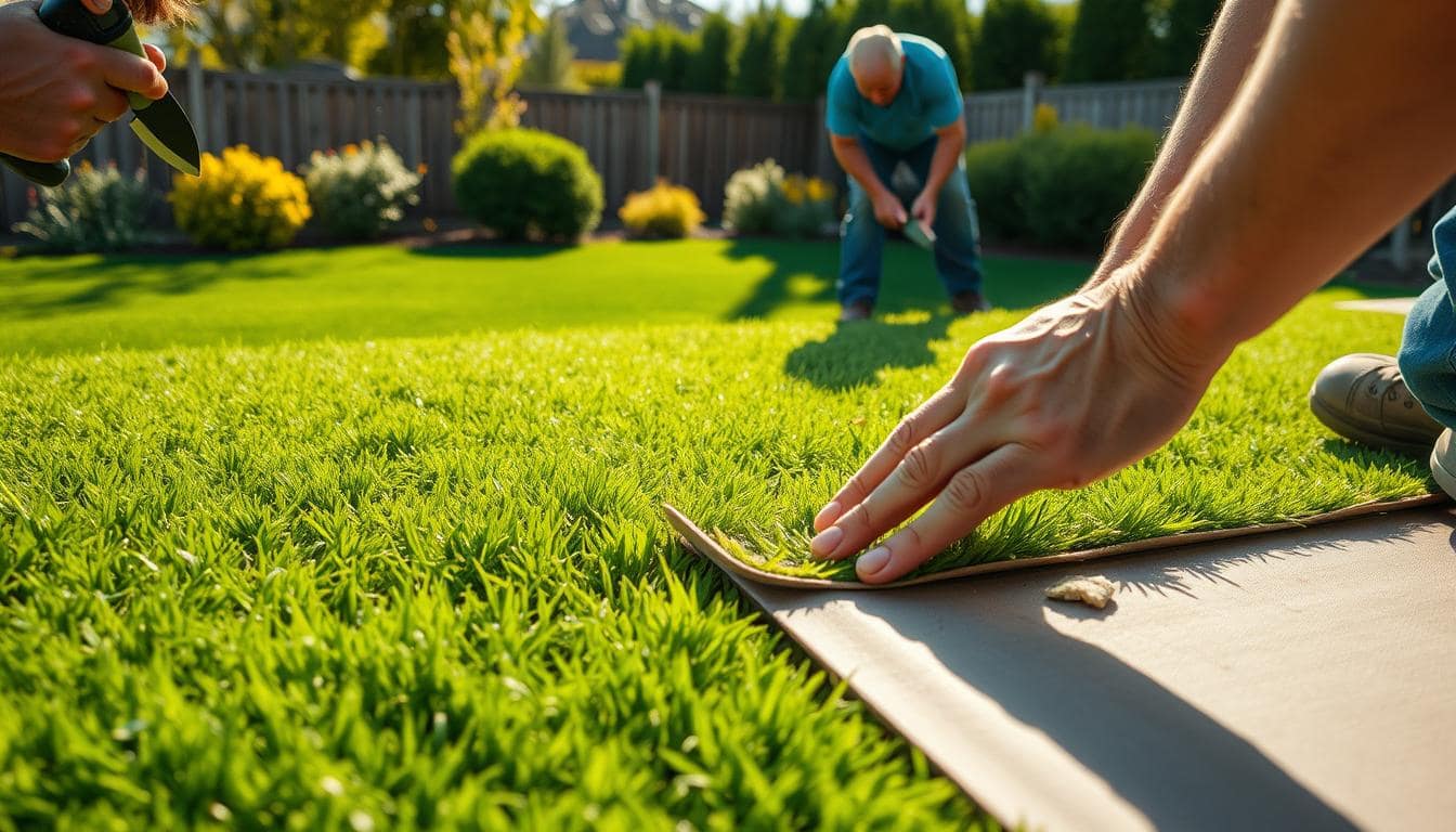 A man adds grass to a box, working on laying and seaming artificial turf for installation.