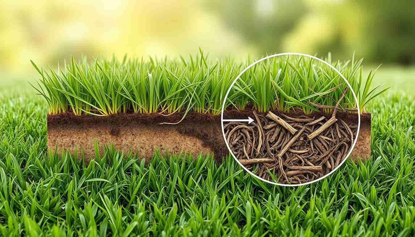 Grass and soil with a circular design on a green background, illustrating the process of dethatching.