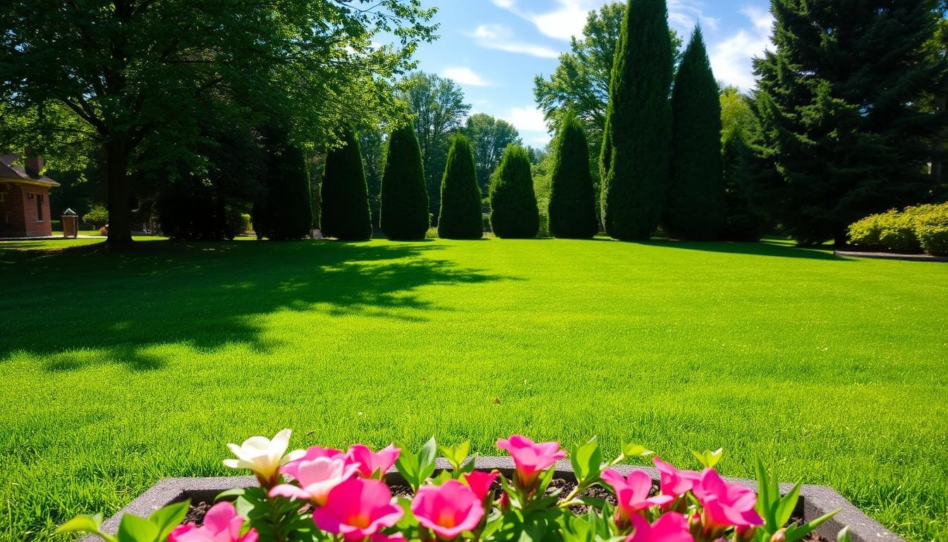A vibrant flower garden surrounded by trees and grass in a park setting, showcasing colorful blooms and lush greenery as part of turf ffertilizer and weed control program.