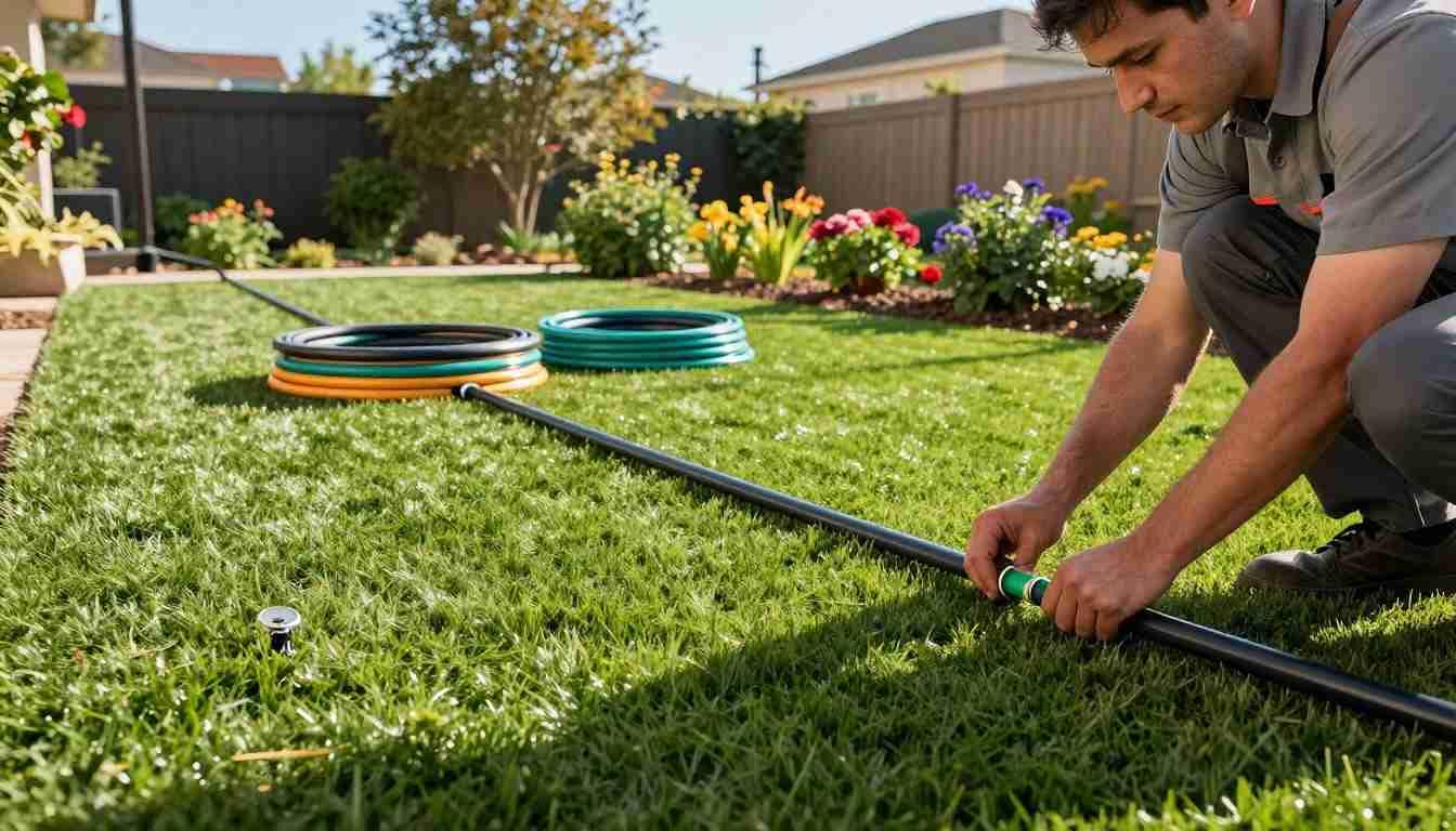 In a backyard, a man is bending over a hose, combining irrigation techniques with synthetic turf for optimal lawn care.