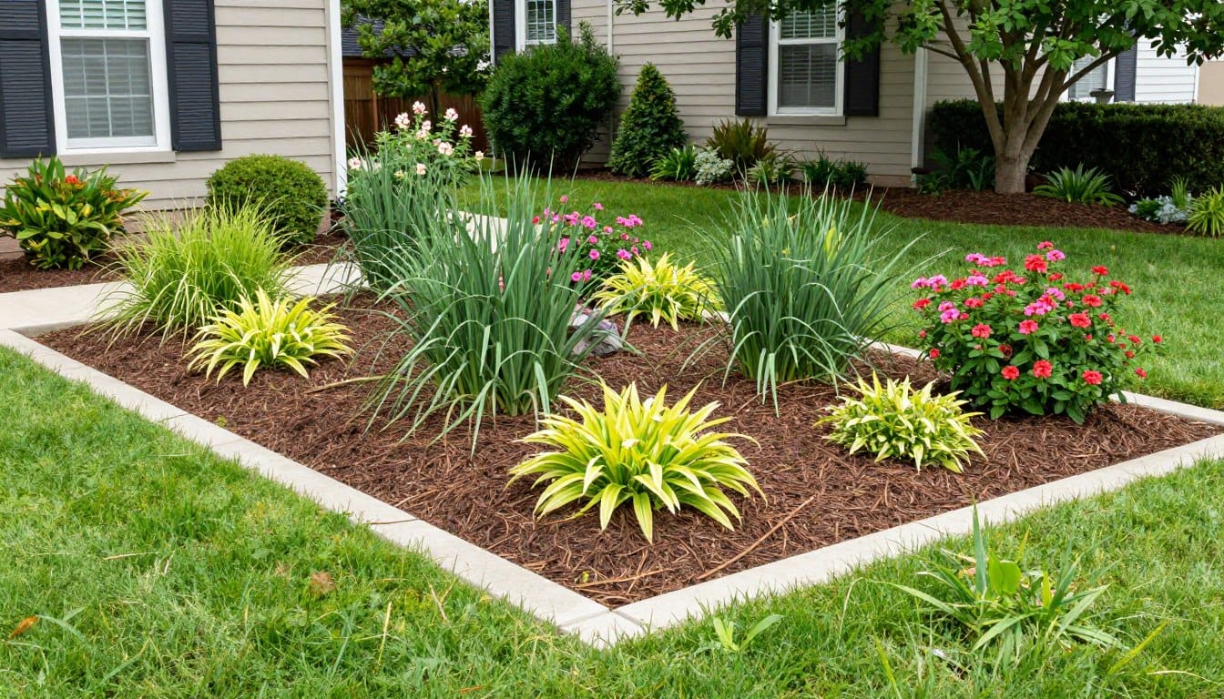 Well-maintained mulched garden bed showing proper upkeep and refreshed appearance Well-maintained mulched garden bed showing proper upkeep and refreshed appearance