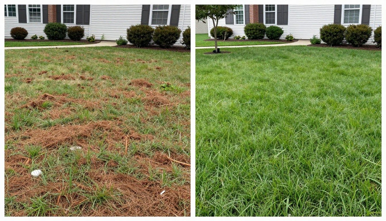 Beautiful transformed lawn in Dyer after complete C&T Lawn and Landscape dethatching and care services Beautiful transformed lawn in Dyer after complete C&T Lawn and Landscape dethatching and care services