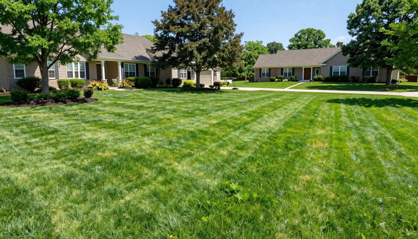 Healthy dense lawn in Dyer after professional power seeding treatment Healthy dense lawn in Dyer after professional power seeding treatment