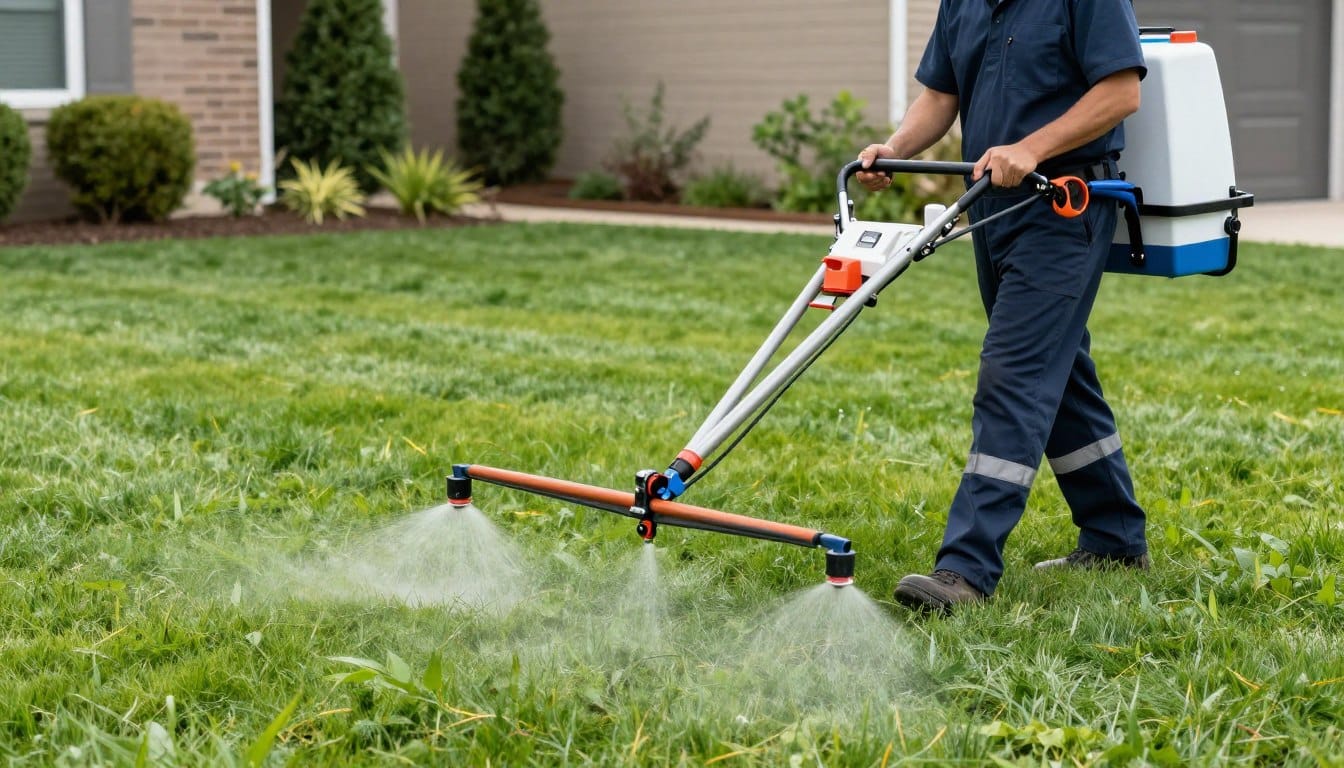 Professional fertilization treatment being applied to residential lawn in Dyer Professional fertilization treatment being applied to residential lawn in Dyer