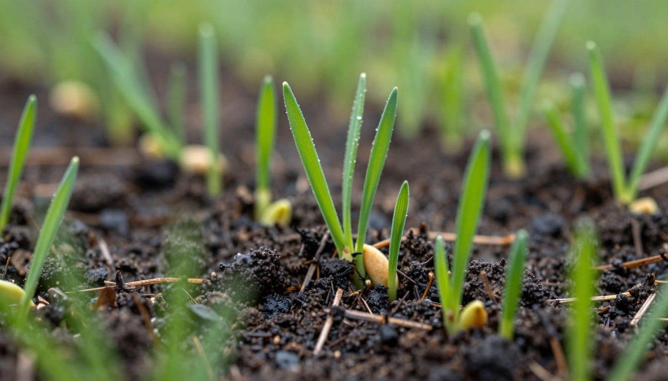 Spring power seeding showing grass seed germination and early growth Spring power seeding showing grass seed germination and early growth