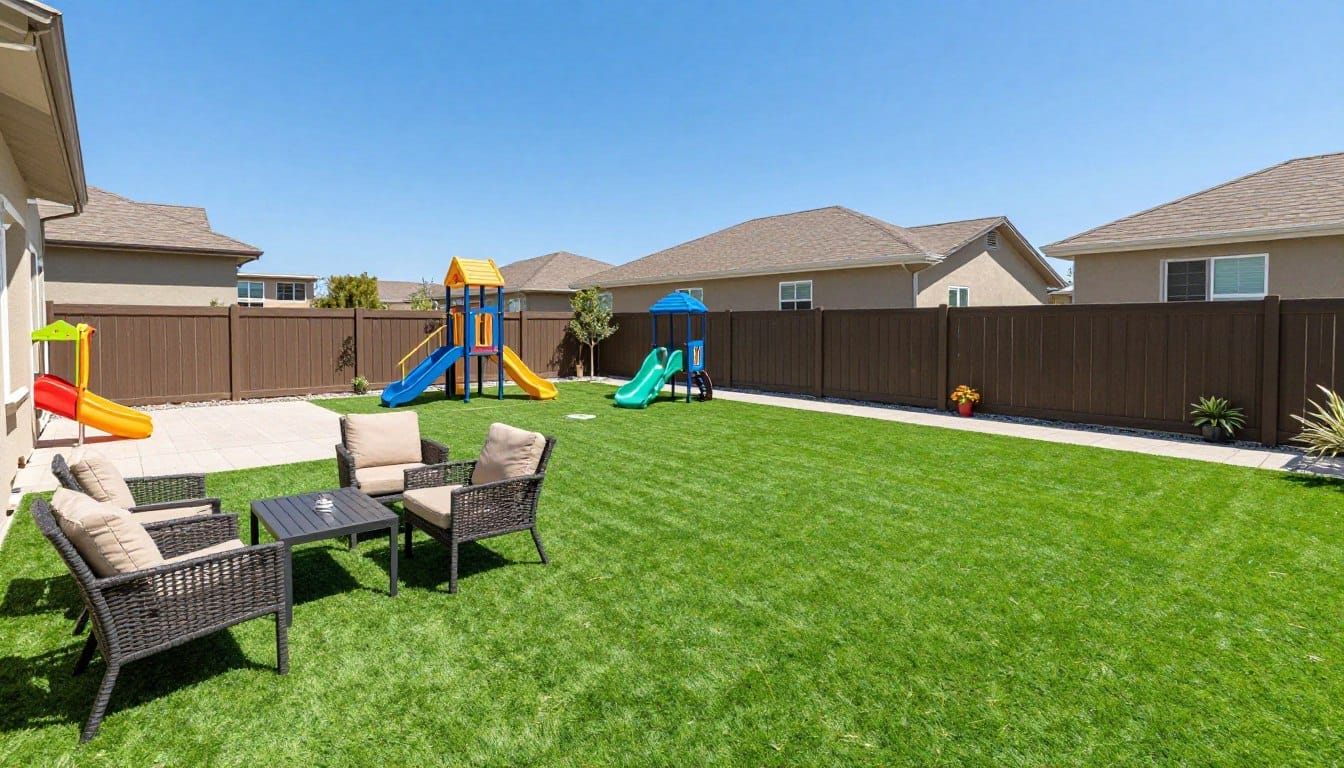 Backyard turf installation in Dyer with patio and play area Backyard turf installation in Dyer with patio and play area