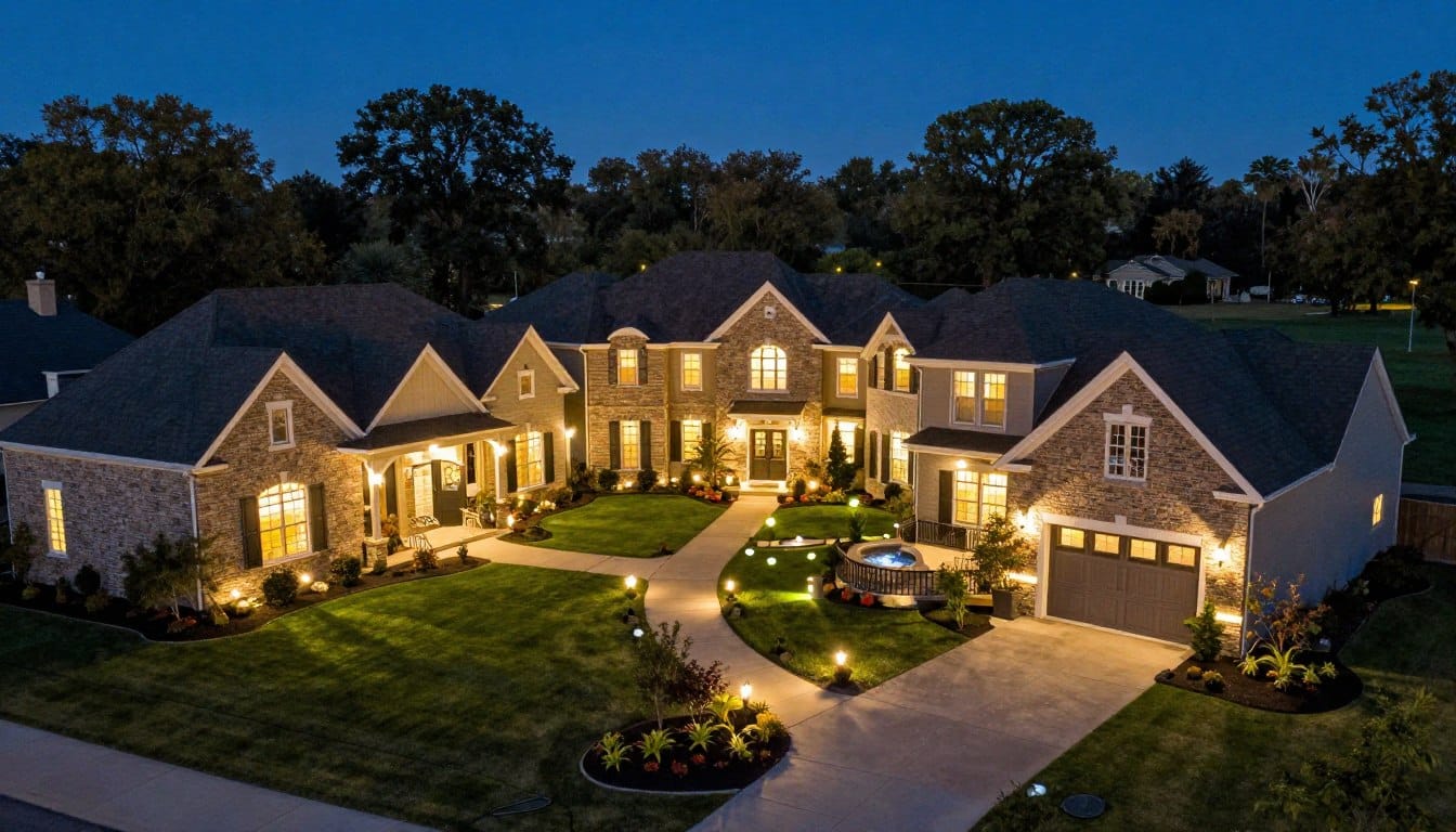 Complete outdoor LED lighting transformation showcasing Dyer property at night Complete outdoor LED lighting transformation showcasing Dyer property at night