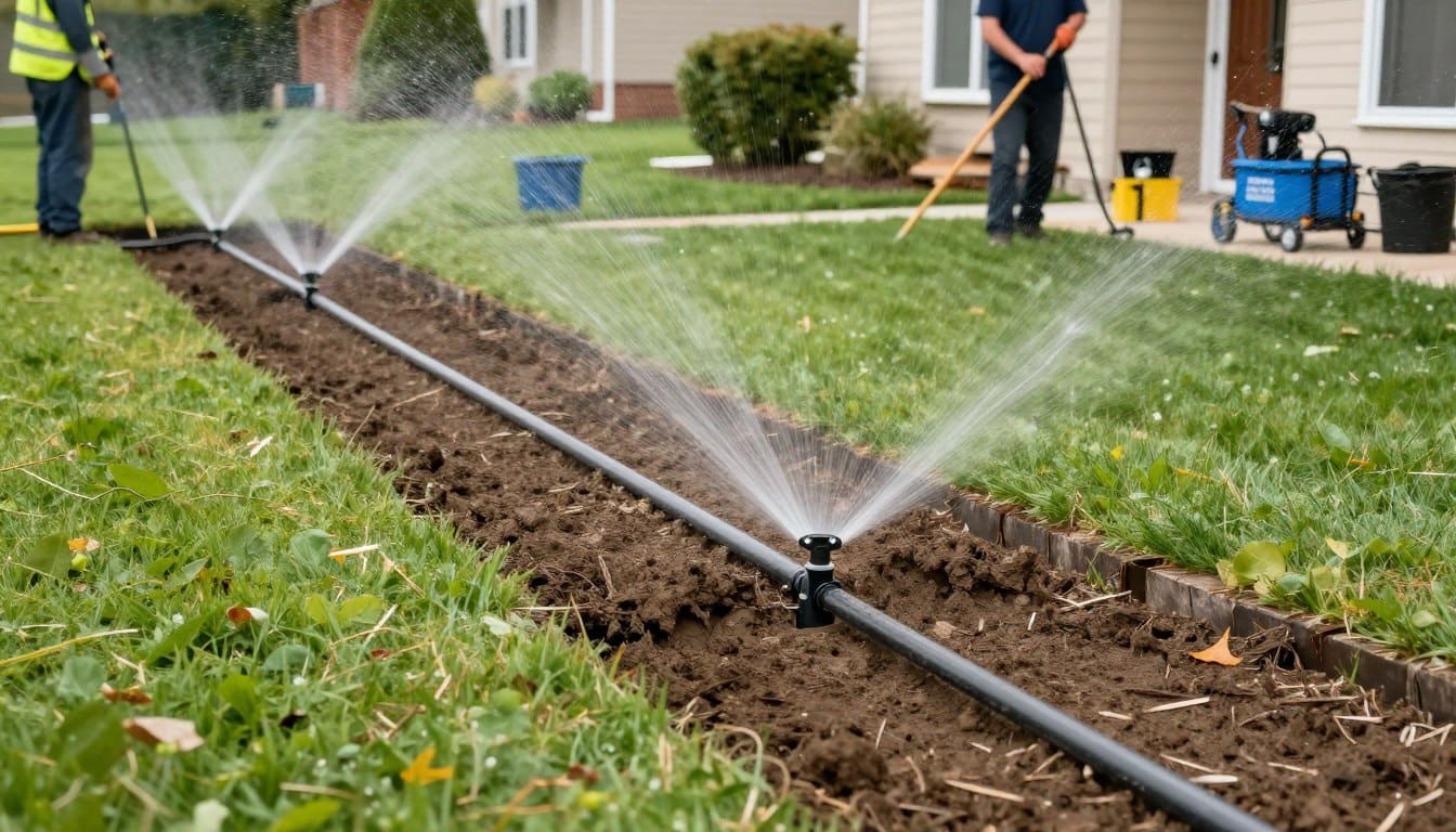 Irrigation system installation with sprinkler heads in lawn Irrigation system installation with sprinkler heads in lawn