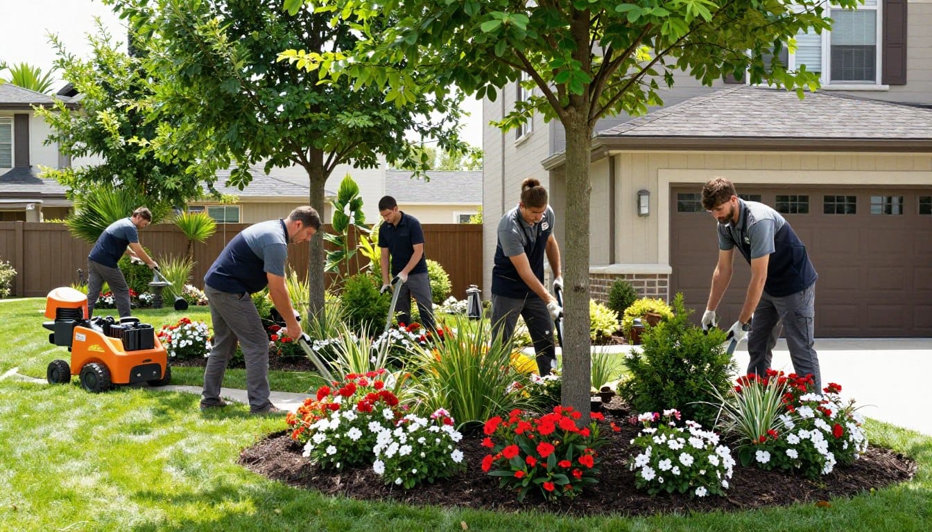 Landscape installation crew planting trees and shrubs in residential yard Landscape installation crew planting trees and shrubs in residential yard