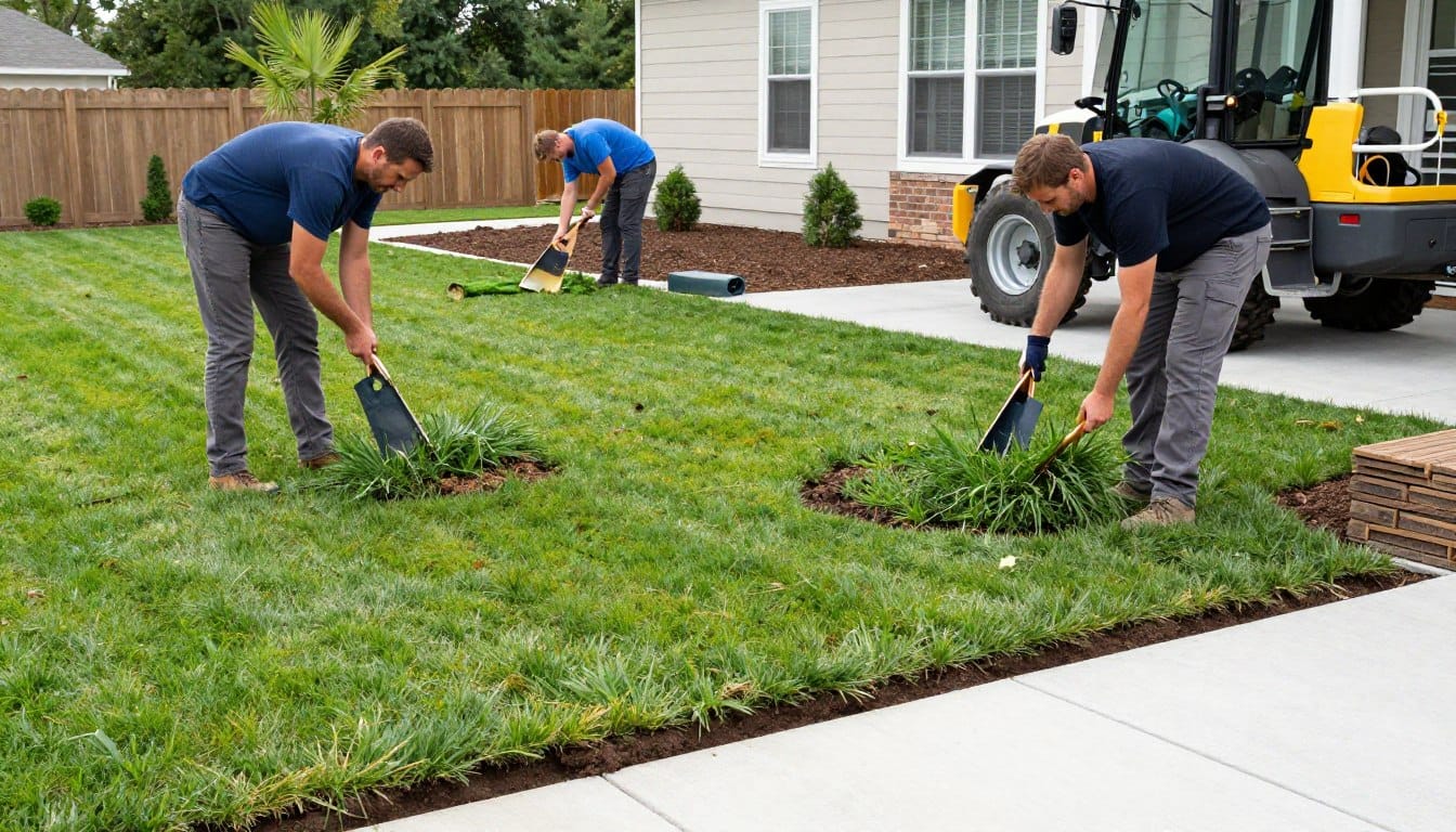 Professional turf installation process in Dyer showing expert preparation work Professional turf installation process in Dyer showing expert preparation work