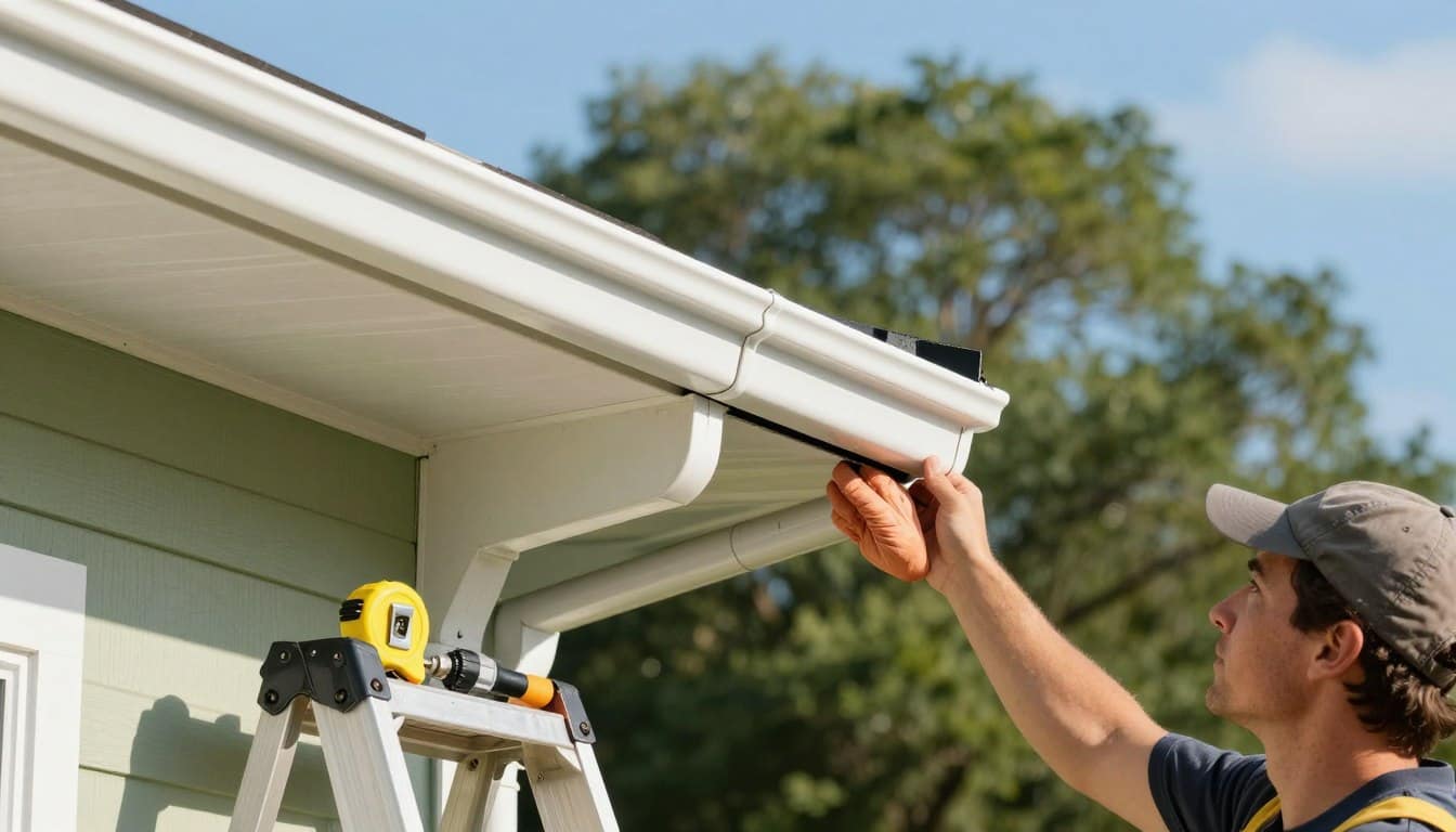 A close-up view of a residential gutter guard installation, showcasing a professional installer in a modest casual outfit, carefully fitting a seamless gutter guard onto a pristine white gutter. In the foreground, detailed tools such as a measuring tape, drill, and installation ladder are visible. The middle ground displays the house's vibrant exterior, with green trees and a clear blue sky in the background, emphasizing a sunny day that suggests a sense of freshness and cleanliness. The scene is well-lit, capturing soft shadows and highlights to create an inviting atmosphere. The image conveys the benefits of gutter guard installation, suggesting efficiency and the protection against debris in an appealing, organized setting. A close-up view of a residential gutter guard installation, showcasing a professional installer in a modest casual outfit, carefully fitting a seamless gutter guard onto a pristine white gutter. In the foreground, detailed tools such as a measuring tape, drill, and installation ladder are visible. The middle ground displays the house's vibrant exterior, with green trees and a clear blue sky in the background, emphasizing a sunny day that suggests a sense of freshness and cleanliness. The scene is well-lit, capturing soft shadows and highlights to create an inviting atmosphere. The image conveys the benefits of gutter guard installation, suggesting efficiency and the protection against debris in an appealing, organized setting.