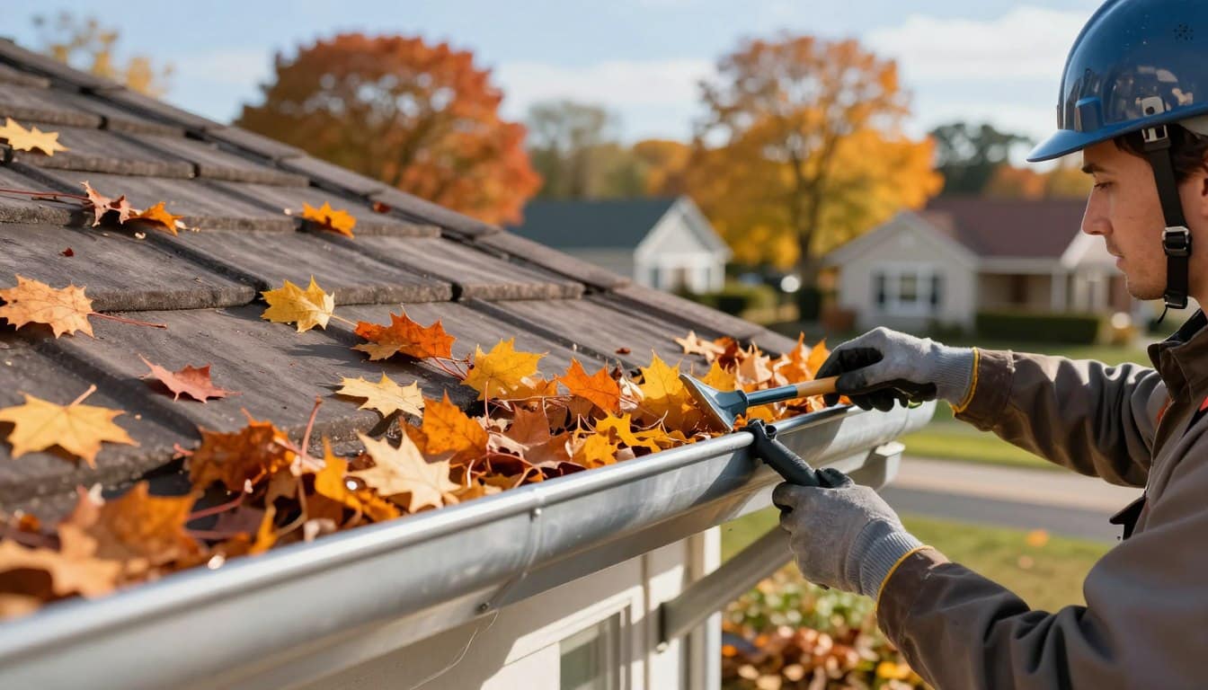 A close-up view of a residential rooftop during the autumn season, showcasing vibrant orange and yellow leaves collected in a gutter. In the foreground, a professional wearing a safety helmet and gloves inspects the gutters, holding a leaf blower and a cleaning tool. The middle layer features the clear, functional design of the gutter system, accented by the fallen leaves and debris, emphasizing the importance of maintenance. The background displays a cozy neighborhood with colorful trees, under a clear blue sky, capturing the essence of the season. Soft, natural lighting illuminates the scene, creating a warm and inviting atmosphere, highlighting the necessity of seasonal gutter cleaning for home maintenance. A close-up view of a residential rooftop during the autumn season, showcasing vibrant orange and yellow leaves collected in a gutter. In the foreground, a professional wearing a safety helmet and gloves inspects the gutters, holding a leaf blower and a cleaning tool. The middle layer features the clear, functional design of the gutter system, accented by the fallen leaves and debris, emphasizing the importance of maintenance. The background displays a cozy neighborhood with colorful trees, under a clear blue sky, capturing the essence of the season. Soft, natural lighting illuminates the scene, creating a warm and inviting atmosphere, highlighting the necessity of seasonal gutter cleaning for home maintenance.
