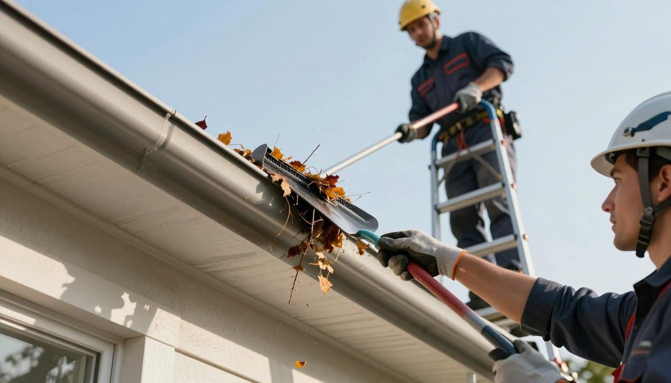 A detailed scene of the gutter cleaning process, showcasing a professional technician on a sturdy ladder, wearing a safety helmet and gloves, carefully clearing leaves and debris from a residential roof gutter. In the foreground, focus on the technician’s hands using a specialized gutter scoop, filled with autumn leaves and twigs. The middle area captures the sloped roofline and the gutter system, highlighting a pristine home exterior. In the background, a clear blue sky with soft, natural lighting illuminates the scene, creating an inviting atmosphere. The composition is slightly angled to emphasize depth and professionalism, ensuring a clear view of both the technician and the equipment used for cleaning. A detailed scene of the gutter cleaning process, showcasing a professional technician on a sturdy ladder, wearing a safety helmet and gloves, carefully clearing leaves and debris from a residential roof gutter. In the foreground, focus on the technician’s hands using a specialized gutter scoop, filled with autumn leaves and twigs. The middle area captures the sloped roofline and the gutter system, highlighting a pristine home exterior. In the background, a clear blue sky with soft, natural lighting illuminates the scene, creating an inviting atmosphere. The composition is slightly angled to emphasize depth and professionalism, ensuring a clear view of both the technician and the equipment used for cleaning.