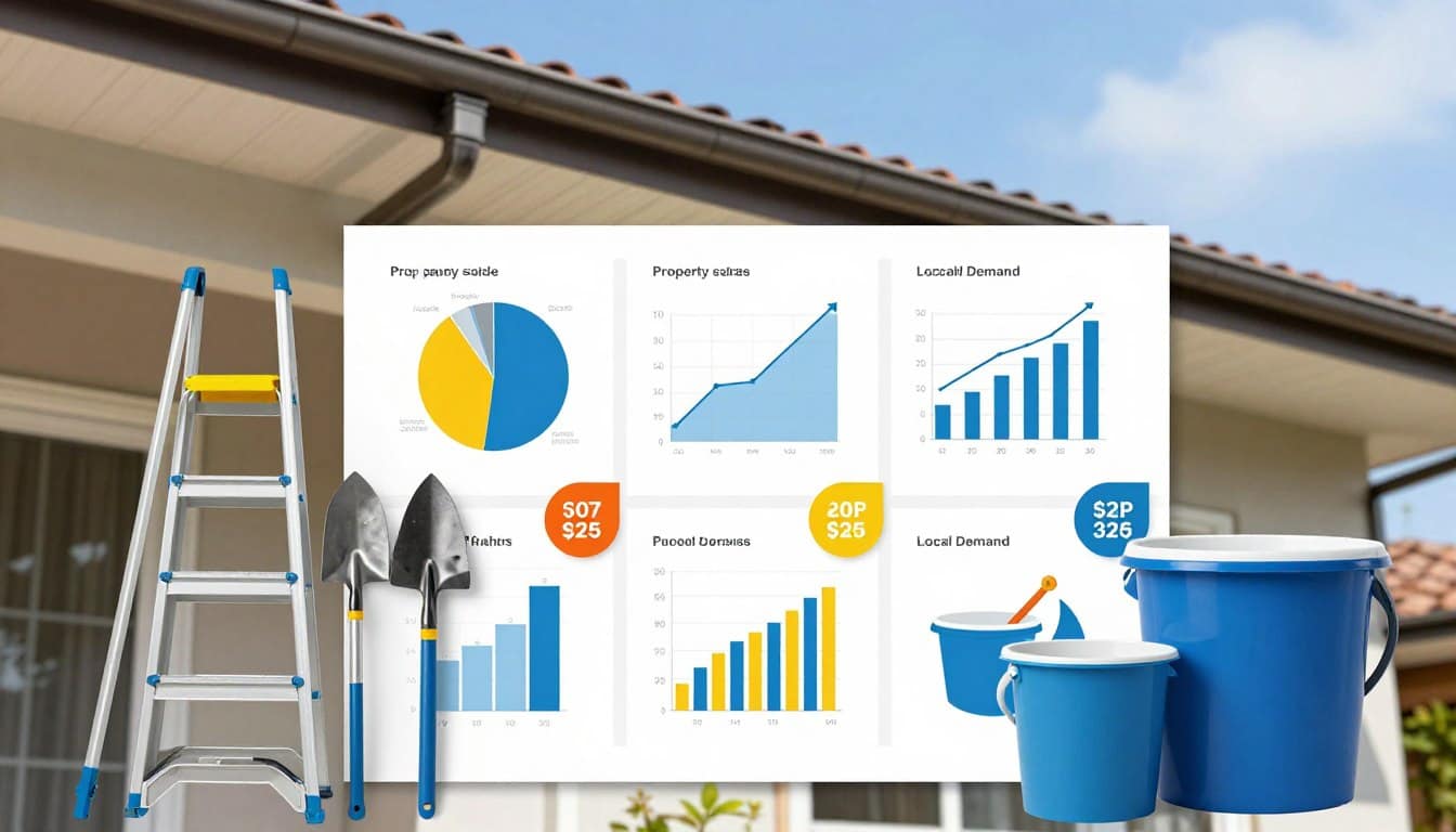 A flat lay composition showcasing various gutter cleaning pricing factors. In the foreground, tools like a ladder, trowel, and bucket are neatly arranged, symbolizing the cleaning aspect. In the middle ground, lay colorful charts and graphs illustrating factors such as property size, roof height, and local demand, with price tags displayed near each factor. The background features a house with well-maintained gutters and a clear blue sky, creating a sense of professionalism and cleanliness. Soft natural lighting enhances the scene, emphasizing the details and colors. The overall mood is informative and organized, reflecting a professional setting suitable for an article. A flat lay composition showcasing various gutter cleaning pricing factors. In the foreground, tools like a ladder, trowel, and bucket are neatly arranged, symbolizing the cleaning aspect. In the middle ground, lay colorful charts and graphs illustrating factors such as property size, roof height, and local demand, with price tags displayed near each factor. The background features a house with well-maintained gutters and a clear blue sky, creating a sense of professionalism and cleanliness. Soft natural lighting enhances the scene, emphasizing the details and colors. The overall mood is informative and organized, reflecting a professional setting suitable for an article.