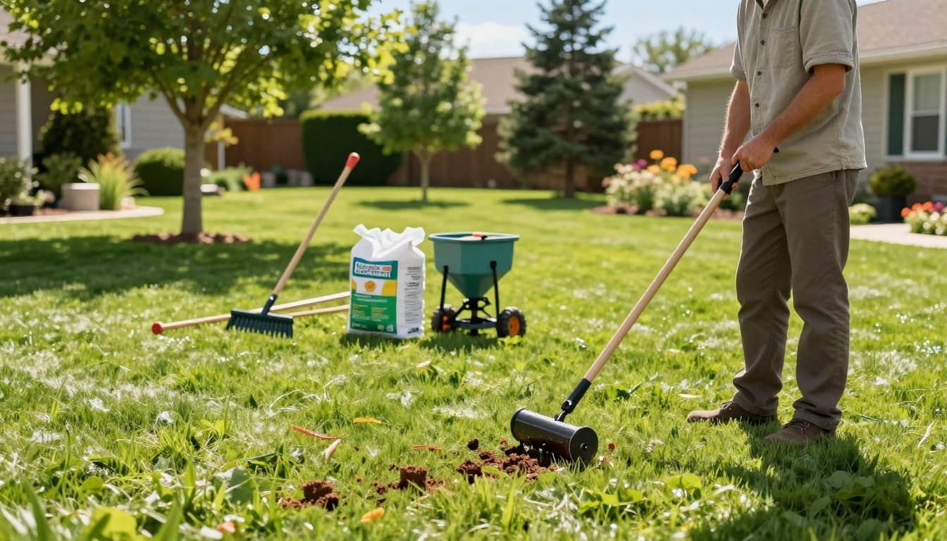 A picturesque suburban lawn scene showcasing the preparation for aeration. In the foreground, a well-manicured grass area with a lawn care professional, dressed in respectful casual clothing, using a core aerator to create small soil plugs. The middle ground features neatly arranged gardening tools like rakes and a broadcast spreader beside bags of organic fertilizer. In the background, a lush green yard with a few trees and fresh flower beds under a bright blue sky, casting soft shadows from the mid-morning sunlight. The mood is industrious yet calm, embodying the essence of dedicated lawn care and the anticipation of a healthier lawn. The angle captures the action, drawing the viewer's eye to the process of preparation while emphasizing the verdant beauty of the environment. A picturesque suburban lawn scene showcasing the preparation for aeration. In the foreground, a well-manicured grass area with a lawn care professional, dressed in respectful casual clothing, using a core aerator to create small soil plugs. The middle ground features neatly arranged gardening tools like rakes and a broadcast spreader beside bags of organic fertilizer. In the background, a lush green yard with a few trees and fresh flower beds under a bright blue sky, casting soft shadows from the mid-morning sunlight. The mood is industrious yet calm, embodying the essence of dedicated lawn care and the anticipation of a healthier lawn. The angle captures the action, drawing the viewer's eye to the process of preparation while emphasizing the verdant beauty of the environment.