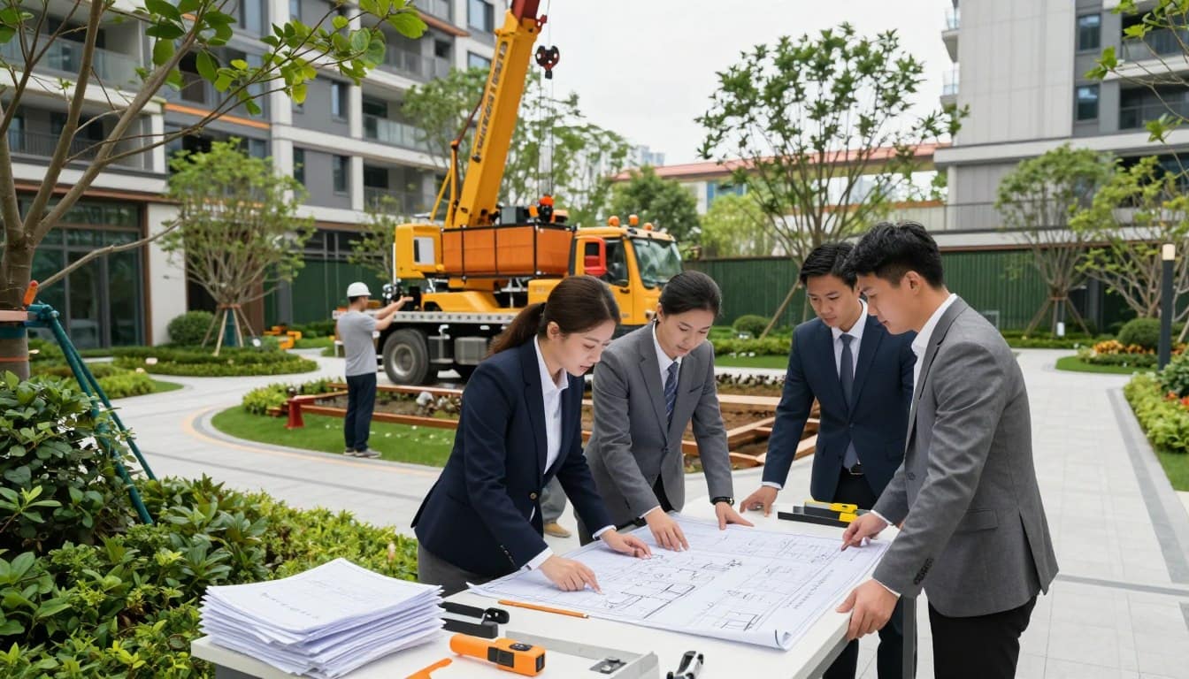 A professional construction team working on a commercial landscape project, showcasing a diverse group of four individuals in business attire, actively engaging in installation tasks. In the foreground, a skilled landscape architect examines blueprints on a large table with construction materials scattered around. The middle ground features a crane lifting a large tree into place while another team member supervises its positioning. The background showcases a beautifully designed commercial property with greenery, walkways, and modern architecture. Soft, natural lighting highlights the scene, creating a vibrant and dynamic atmosphere. The angle is slightly elevated, providing a comprehensive view of the teamwork in action amidst a beautifully landscaped environment. A professional construction team working on a commercial landscape project, showcasing a diverse group of four individuals in business attire, actively engaging in installation tasks. In the foreground, a skilled landscape architect examines blueprints on a large table with construction materials scattered around. The middle ground features a crane lifting a large tree into place while another team member supervises its positioning. The background showcases a beautifully designed commercial property with greenery, walkways, and modern architecture. Soft, natural lighting highlights the scene, creating a vibrant and dynamic atmosphere. The angle is slightly elevated, providing a comprehensive view of the teamwork in action amidst a beautifully landscaped environment.