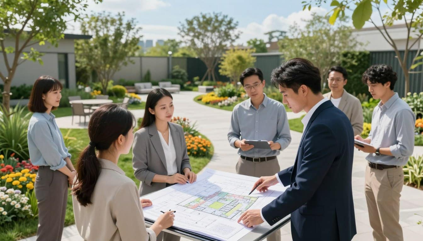 A professional landscape consultation scene set outdoors, showcasing a diverse group of landscape designers and clients engaged in a planning session. In the foreground, a designer in smart business attire reviews landscape blueprints on a portable table, while clients attentively discuss ideas. The middle ground features a vibrant outdoor space with lush greenery, colorful flowers, and designated areas for seating and walkways, reflecting various design options. The background includes soft-focus trees and a clear blue sky, enhancing the feeling of a tranquil environment. Soft, natural lighting illuminates the scene, creating a welcoming atmosphere, with a slight bird's-eye angle capturing the collaborative spirit of the planning process. A professional landscape consultation scene set outdoors, showcasing a diverse group of landscape designers and clients engaged in a planning session. In the foreground, a designer in smart business attire reviews landscape blueprints on a portable table, while clients attentively discuss ideas. The middle ground features a vibrant outdoor space with lush greenery, colorful flowers, and designated areas for seating and walkways, reflecting various design options. The background includes soft-focus trees and a clear blue sky, enhancing the feeling of a tranquil environment. Soft, natural lighting illuminates the scene, creating a welcoming atmosphere, with a slight bird's-eye angle capturing the collaborative spirit of the planning process.