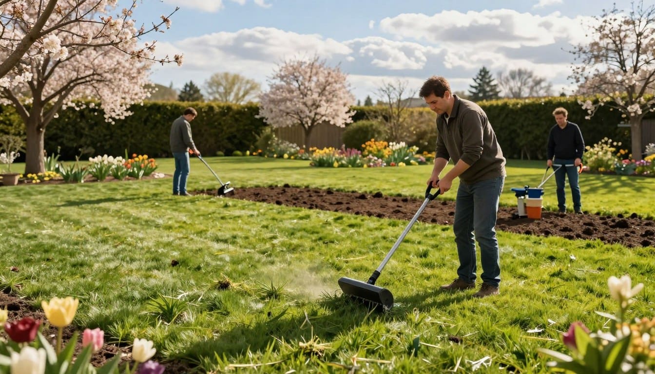 A serene spring scene depicting a well-maintained lawn undergoing seasonal care tasks, showcasing vibrant green grass and blooming flowers. In the foreground, a gardener in modest casual clothing is using a hand aerator, focused and diligent, while a second gardener is applying organic fertilizer with a spreader nearby. In the middle ground, freshly aerated patches of soil contrast with the lush grass, and grass clippings lay scattered. The background features a blue sky with soft, fluffy clouds and the outline of neatly trimmed hedges. The lighting is warm and bright, capturing the essence of a sunny spring day, creating an atmosphere of renewal and growth. The perspective is slightly elevated, providing a panoramic view of this rejuvenating lawn care activity. A serene spring scene depicting a well-maintained lawn undergoing seasonal care tasks, showcasing vibrant green grass and blooming flowers. In the foreground, a gardener in modest casual clothing is using a hand aerator, focused and diligent, while a second gardener is applying organic fertilizer with a spreader nearby. In the middle ground, freshly aerated patches of soil contrast with the lush grass, and grass clippings lay scattered. The background features a blue sky with soft, fluffy clouds and the outline of neatly trimmed hedges. The lighting is warm and bright, capturing the essence of a sunny spring day, creating an atmosphere of renewal and growth. The perspective is slightly elevated, providing a panoramic view of this rejuvenating lawn care activity.