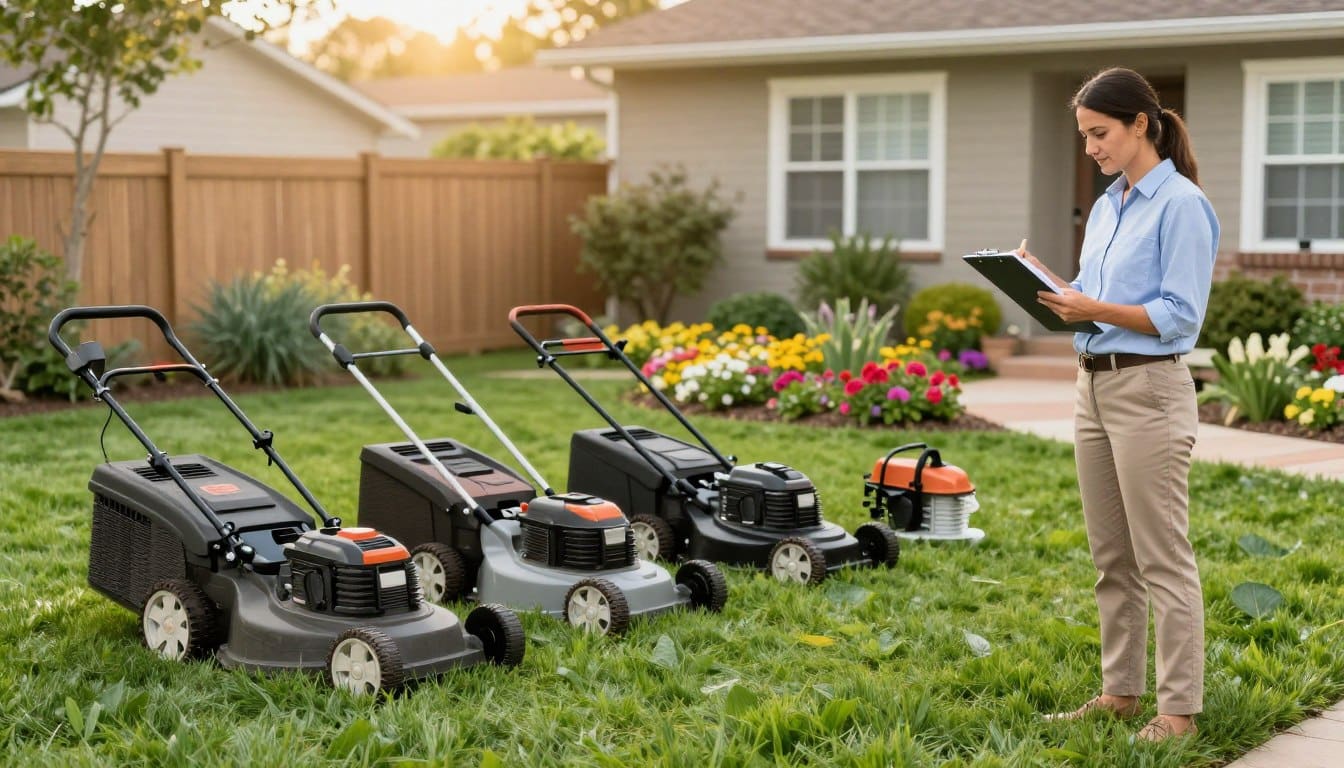 A serene suburban lawn care scene featuring a well-groomed green lawn, showcasing various lawn care equipment like mowers, trimmers, and leaf blowers neatly arranged. In the foreground, a professional landscape consultant in smart casual attire examines a clipboard with lawn care pricing details. In the middle ground, a vibrant garden blooms with colorful flowers, and a well-maintained fence borders the scene. The background reveals a cozy home with a subtle glow from warm sunlight, creating a calming atmosphere. Use soft, natural lighting to enhance the inviting mood, with a slight depth of field effect, focusing on the consultant and backyard. The image should evoke a sense of professionalism and reliability in lawn care services. A serene suburban lawn care scene featuring a well-groomed green lawn, showcasing various lawn care equipment like mowers, trimmers, and leaf blowers neatly arranged. In the foreground, a professional landscape consultant in smart casual attire examines a clipboard with lawn care pricing details. In the middle ground, a vibrant garden blooms with colorful flowers, and a well-maintained fence borders the scene. The background reveals a cozy home with a subtle glow from warm sunlight, creating a calming atmosphere. Use soft, natural lighting to enhance the inviting mood, with a slight depth of field effect, focusing on the consultant and backyard. The image should evoke a sense of professionalism and reliability in lawn care services.