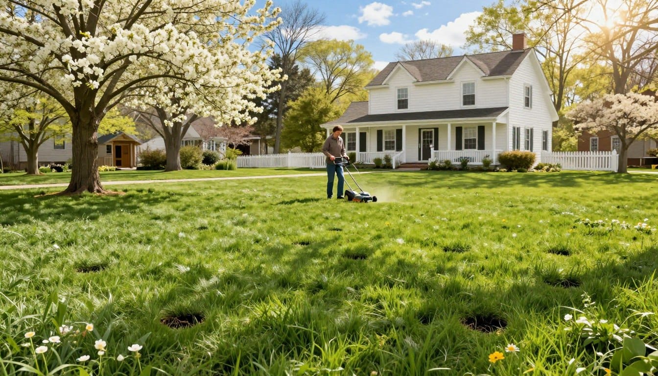 A serene suburban lawn in Connecticut during early spring, showcasing a freshly aerated, lush green yard. In the foreground, a healthy lawn with visible aeration holes and vibrant grass blades, dotted with small wildflowers. In the middle ground, a family member in casual attire using a manual lawn aerator, demonstrating the aeration process, framed by blooming trees and soft sunlight filtering through leaves. The background features a charming New England home with white siding and a picket fence, under a bright blue sky with wispy clouds. The atmosphere is cheerful and refreshing, evoking a sense of care and renewal for the lawn. The lighting is warm and inviting, ideal for illustrating optimal timing for lawn aeration in Connecticut. A serene suburban lawn in Connecticut during early spring, showcasing a freshly aerated, lush green yard. In the foreground, a healthy lawn with visible aeration holes and vibrant grass blades, dotted with small wildflowers. In the middle ground, a family member in casual attire using a manual lawn aerator, demonstrating the aeration process, framed by blooming trees and soft sunlight filtering through leaves. The background features a charming New England home with white siding and a picket fence, under a bright blue sky with wispy clouds. The atmosphere is cheerful and refreshing, evoking a sense of care and renewal for the lawn. The lighting is warm and inviting, ideal for illustrating optimal timing for lawn aeration in Connecticut.
