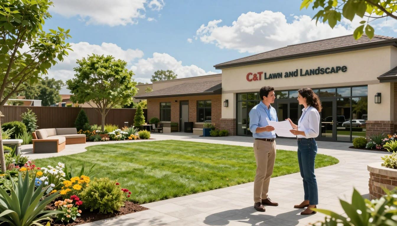 A vibrant and inviting commercial landscape designed by C&T Lawn and Landscape, featuring a beautifully manicured outdoor space with lush green lawns, carefully arranged flower beds, and modern hardscape features like stone walkways and seating areas. In the foreground, a well-dressed landscape architect in business casual attire discusses plans with a client, showcasing engagement and expertise. The middle ground highlights a variety of ornamental trees and shrubs harmoniously placed to enhance the visual appeal, while the background boasts a bright blue sky with soft, fluffy clouds and a sunny atmosphere, radiating positivity and professionalism. The scene is captured with warm, natural lighting to evoke a sense of trust and quality in landscape design services. A vibrant and inviting commercial landscape designed by C&T Lawn and Landscape, featuring a beautifully manicured outdoor space with lush green lawns, carefully arranged flower beds, and modern hardscape features like stone walkways and seating areas. In the foreground, a well-dressed landscape architect in business casual attire discusses plans with a client, showcasing engagement and expertise. The middle ground highlights a variety of ornamental trees and shrubs harmoniously placed to enhance the visual appeal, while the background boasts a bright blue sky with soft, fluffy clouds and a sunny atmosphere, radiating positivity and professionalism. The scene is captured with warm, natural lighting to evoke a sense of trust and quality in landscape design services.